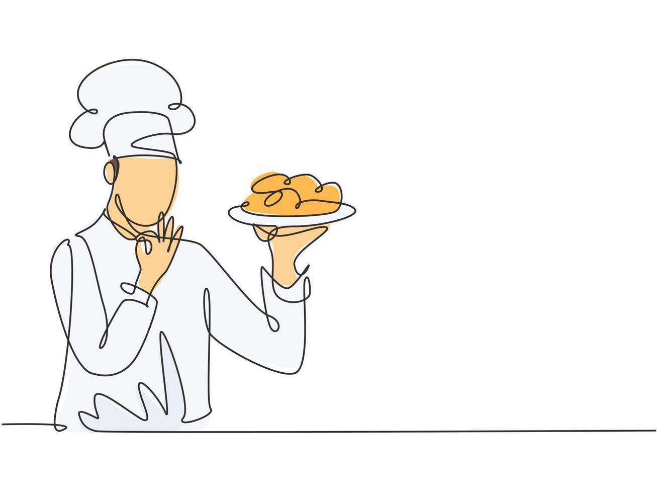 Un solo dibujo de una línea joven feliz y guapo chef masculino dar un buen gesto de degustación mientras sirve el plato principal en el restaurante. comida deliciosa sabor de moda una línea dibujada a mano ilustración vectorial minimalismo vector