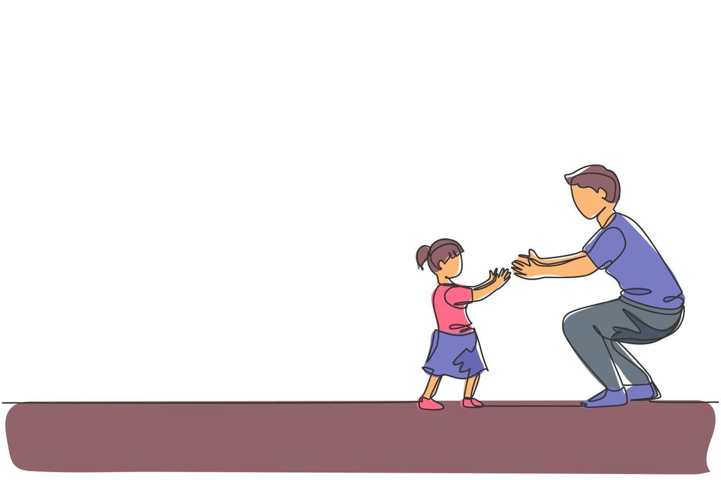 un dibujo de línea continua de un papá joven listo para abrazar a su hija que aprendió a caminar hacia él en casa. concepto de paternidad familiar feliz. Ilustración gráfica de vector de diseño de dibujo de línea única dinámica