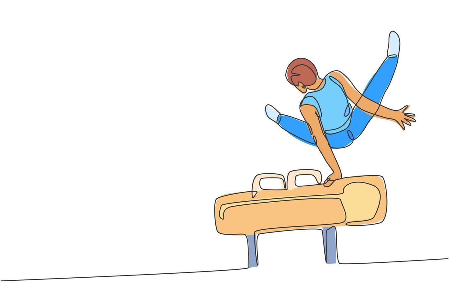 dibujo de una sola línea continua joven y apuesto gimnasta profesional que realiza un movimiento acrobático. concepto de entrenamiento y estiramiento de caballos con arcos. ilustración gráfica de vector de diseño de dibujo de una línea de moda