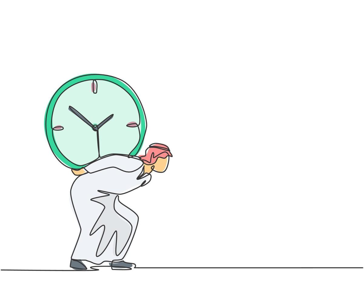 Continuous one line drawing young Arab male worker shouldered heavy big analog clock with his back. Business time discipline metaphor concept. Single line draw design vector graphic illustration.