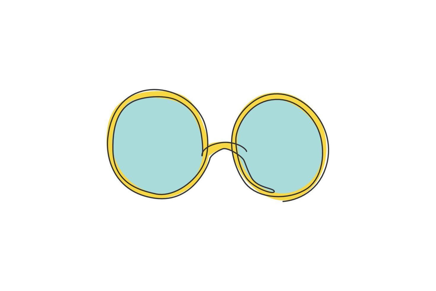 Un dibujo de línea continua del ícono del logotipo de gafas redondas antiguas nerd. Marco de gafas clásico para el concepto de plantilla de símbolo de logotipo de tienda óptica. Ilustración de vector de diseño de dibujo de línea única de moda