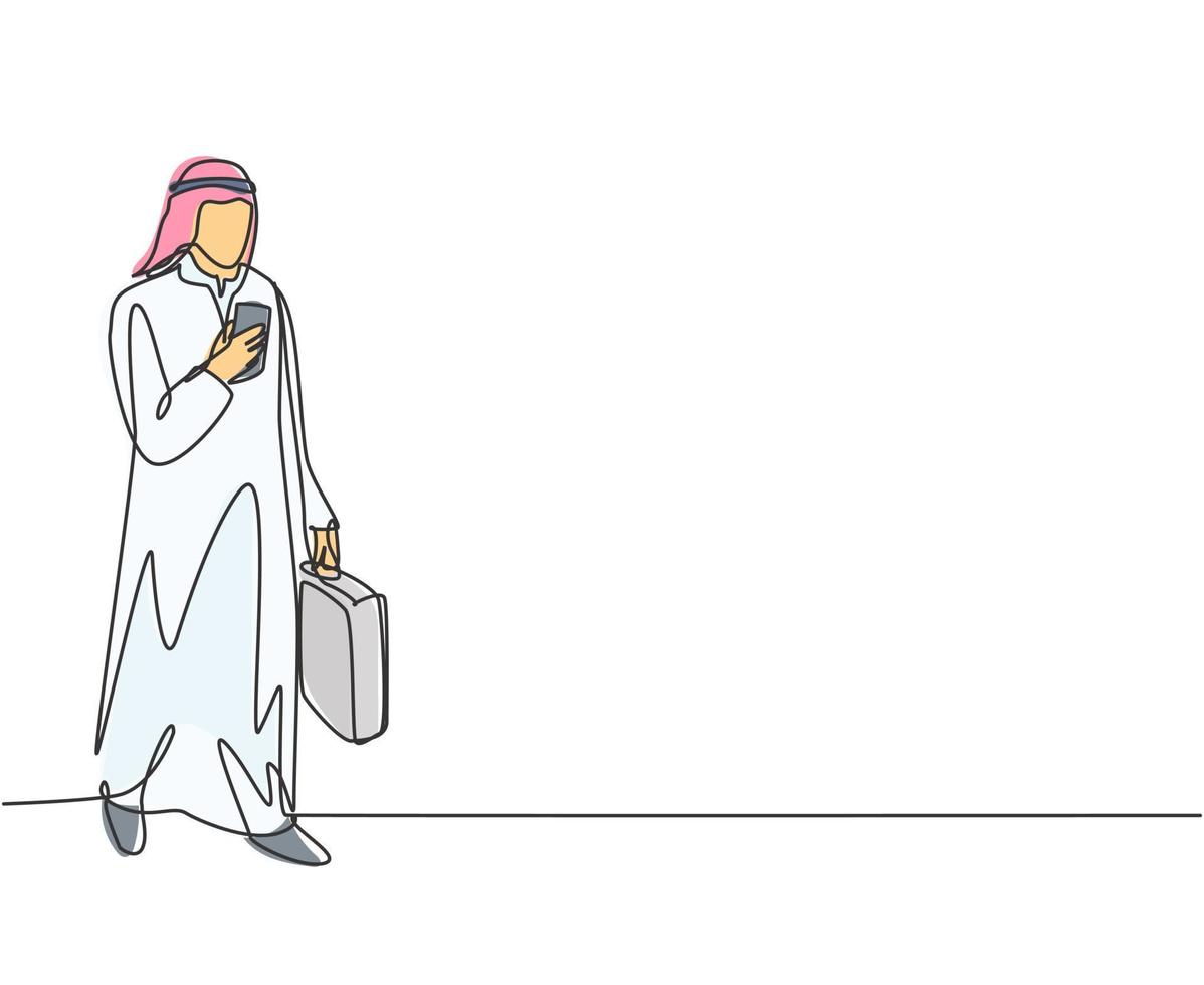 Single continuous line drawing of young male muslim worker watching smartphone screen to monitor the job. Arab middle east cloth shmagh, kandura, thawb, robe. One line draw design vector illustration