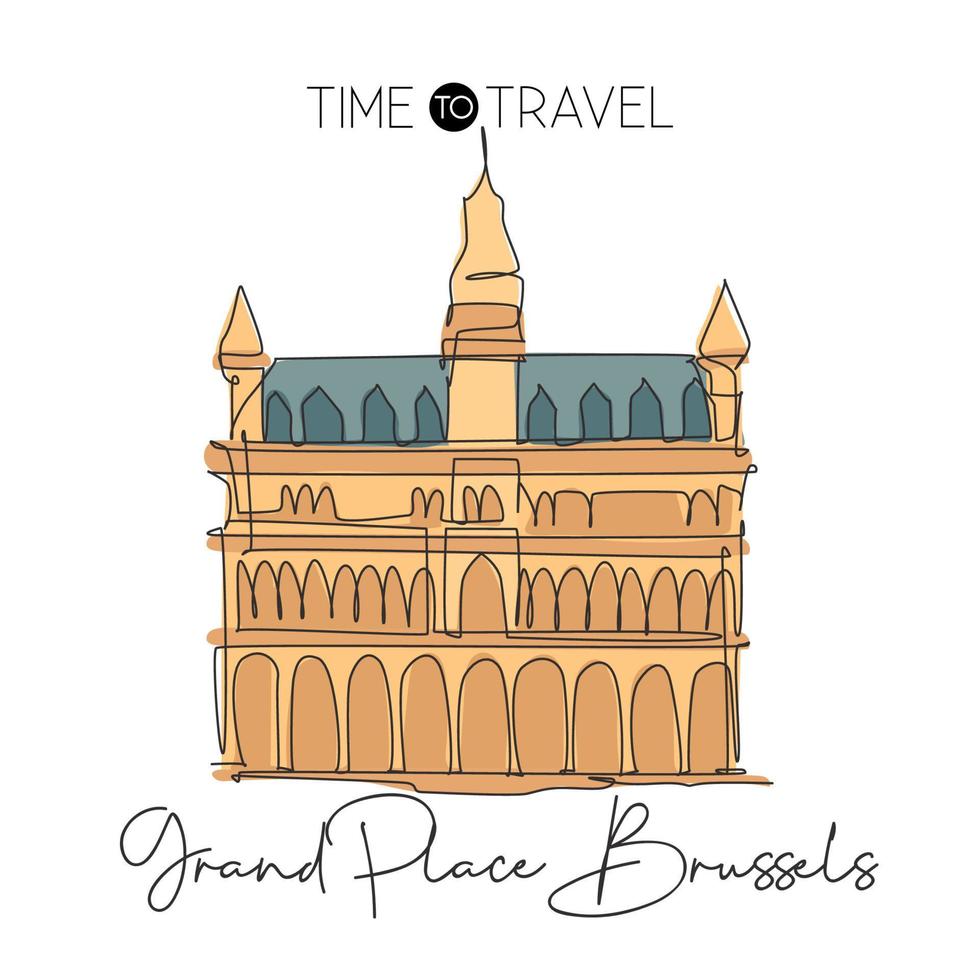 una sola línea de dibujo grand place brussels landmark. famoso icónico en bélgica. concepto de impresión de cartel de decoración de pared de postal de viaje de turismo. ilustración de vector de diseño de dibujo de línea continua de moda