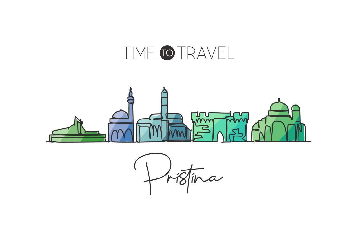 Single continuous line drawing Pristina skyline, Kosovo. Famous city scraper landscape. World travel destination wall home decor poster print concept. Modern one line draw design vector illustration