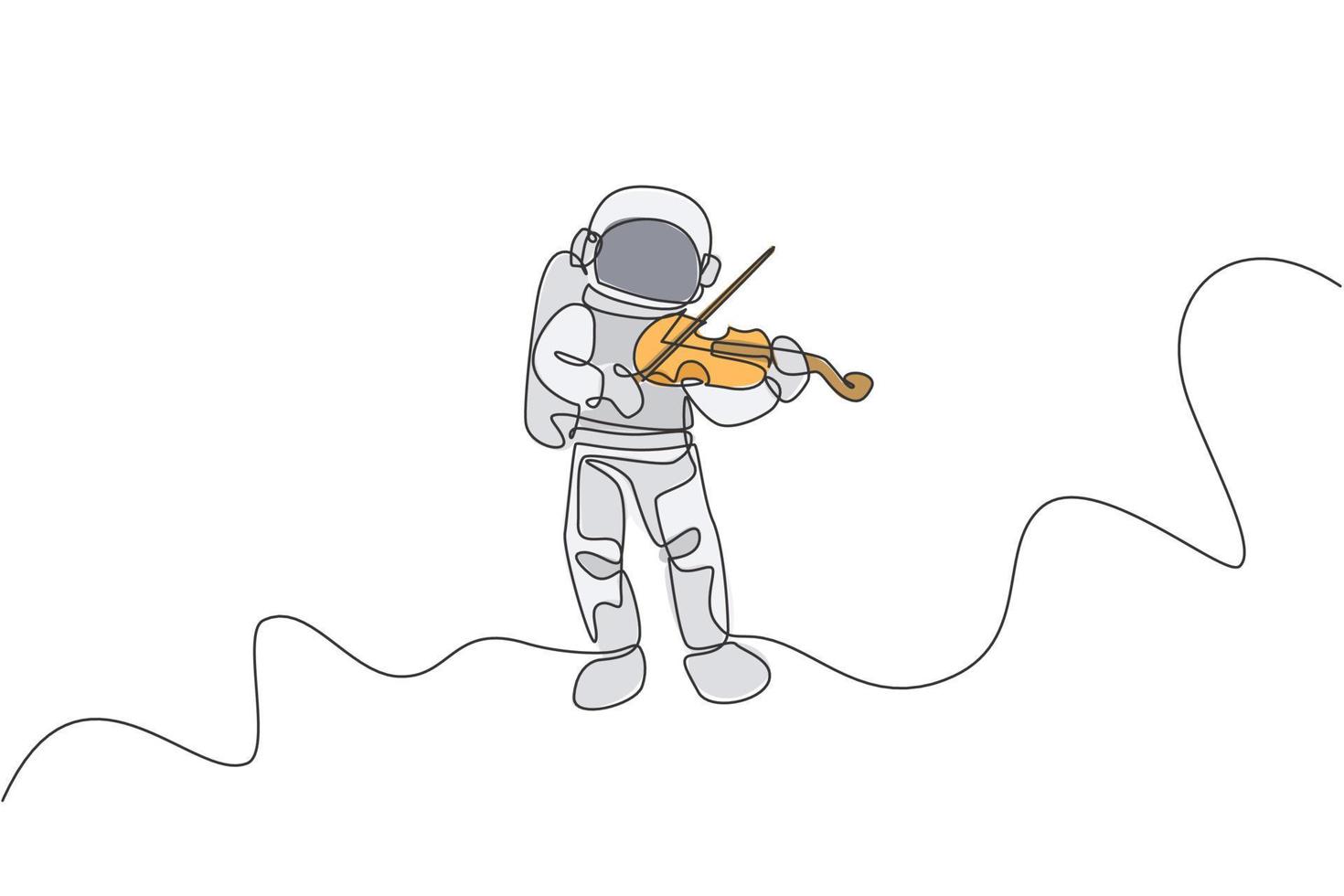 dibujo de línea continua única de astronauta tocando instrumento musical de violín de belleza en la galaxia cósmica. concepto de concierto de música del espacio exterior. Gráfico de ilustración de vector de diseño de dibujo de una línea de moda