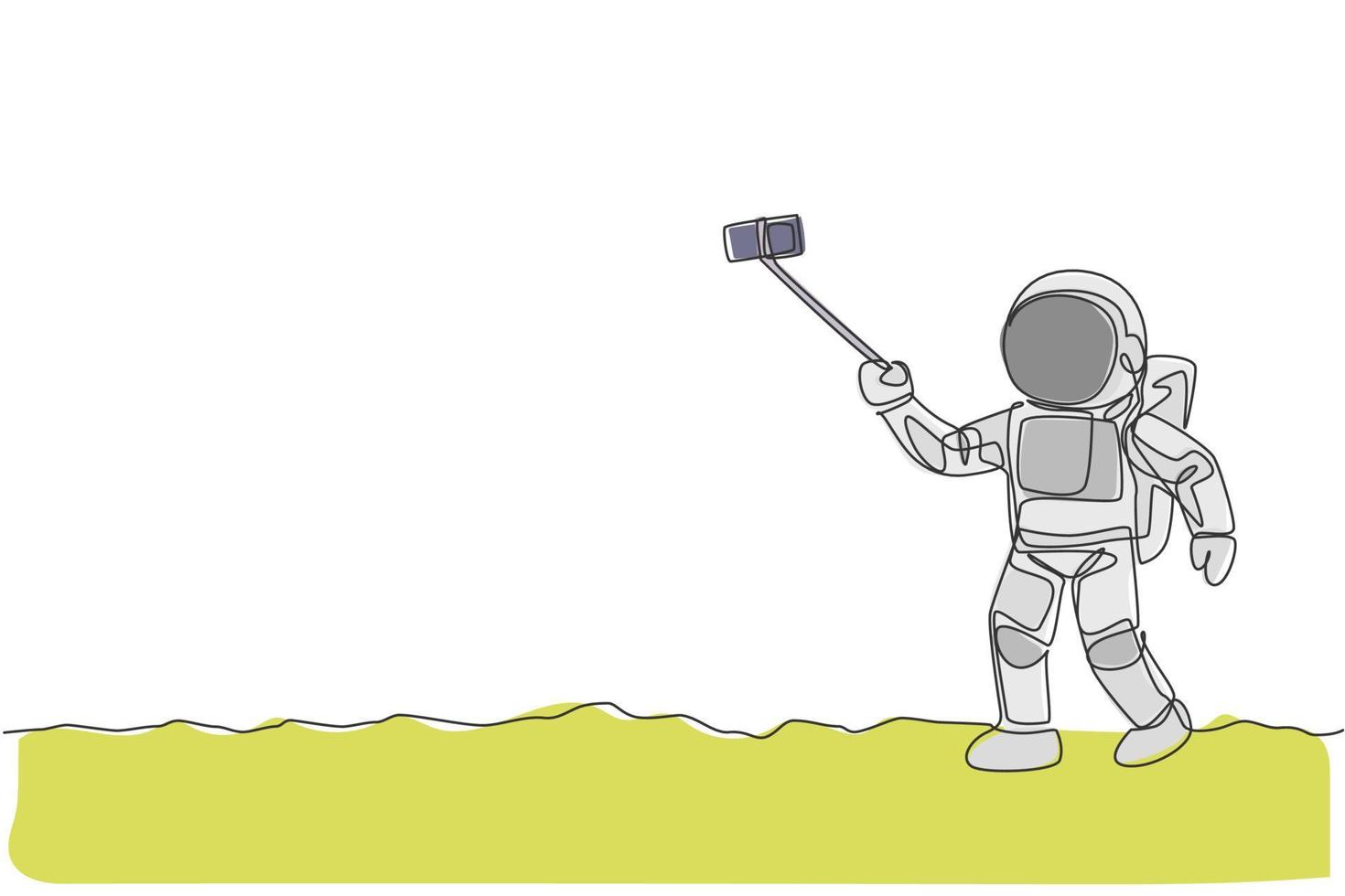 One continuous line drawing of young happy astronaut doing selfie shot in moon surface with smartphone. Space man deep space concept. Dynamic single line draw graphic design vector illustration