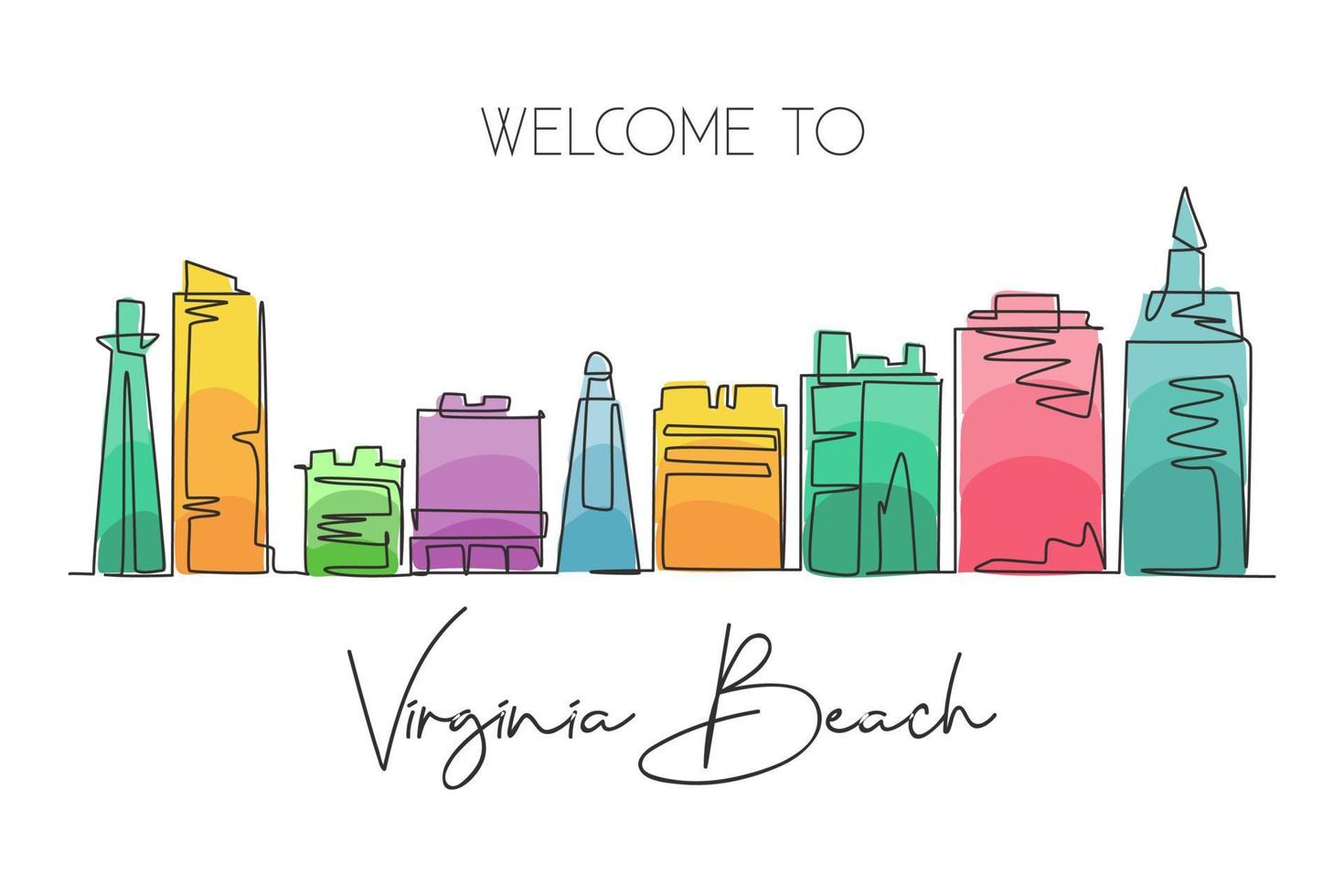 One single line drawing of Virginia Beach city skyline, USA. Town landscape for home wall decor poster. Best holiday destination. Trendy continuous line draw graphic design vector illustration