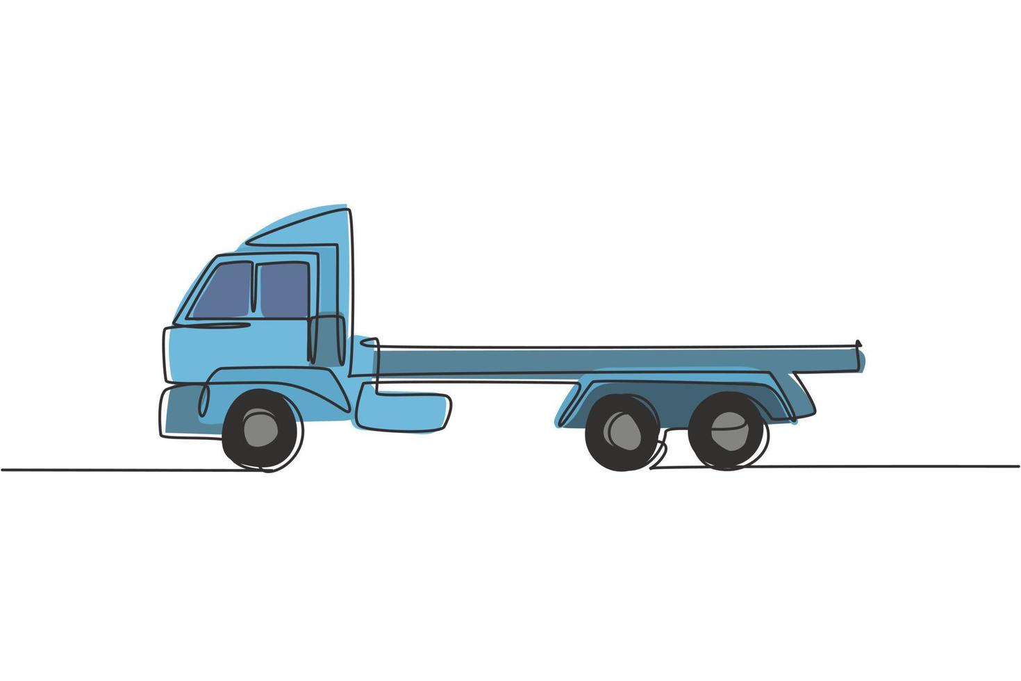 One continuous line drawing of long trailer truck for logistic delivery, commercial vehicle. Heavy construction trucks equipment concept. Dynamic single line draw design vector graphic illustration