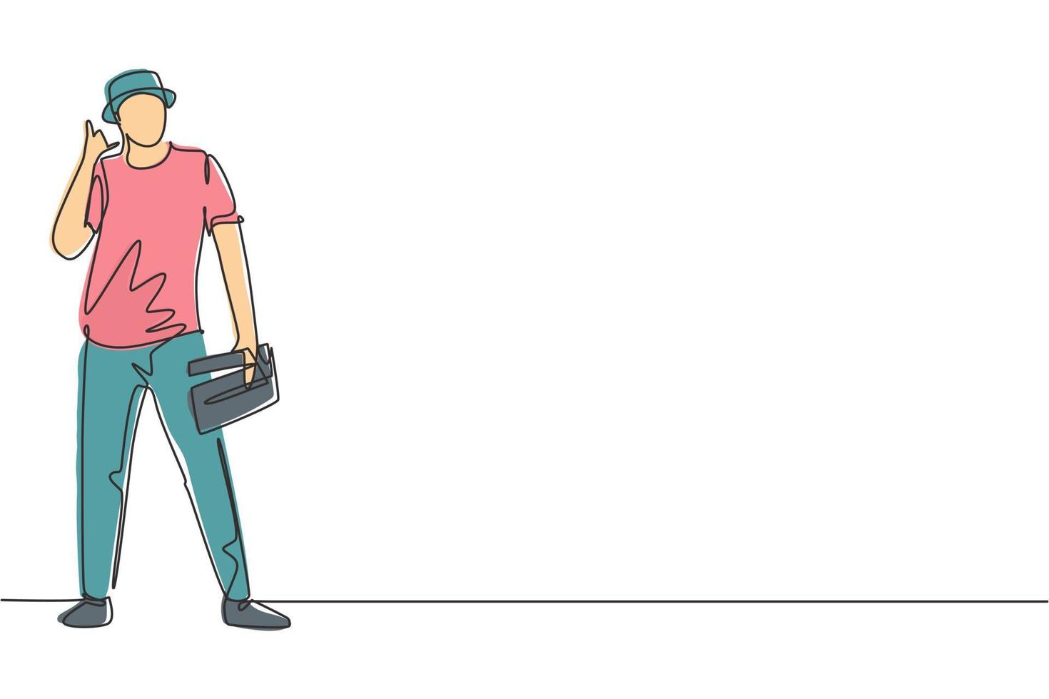 Single one line drawing film director stands with call me gesture holding clapperboard and prepare camera crew for shooting at tv studio. Continuous line draw design graphic vector illustration