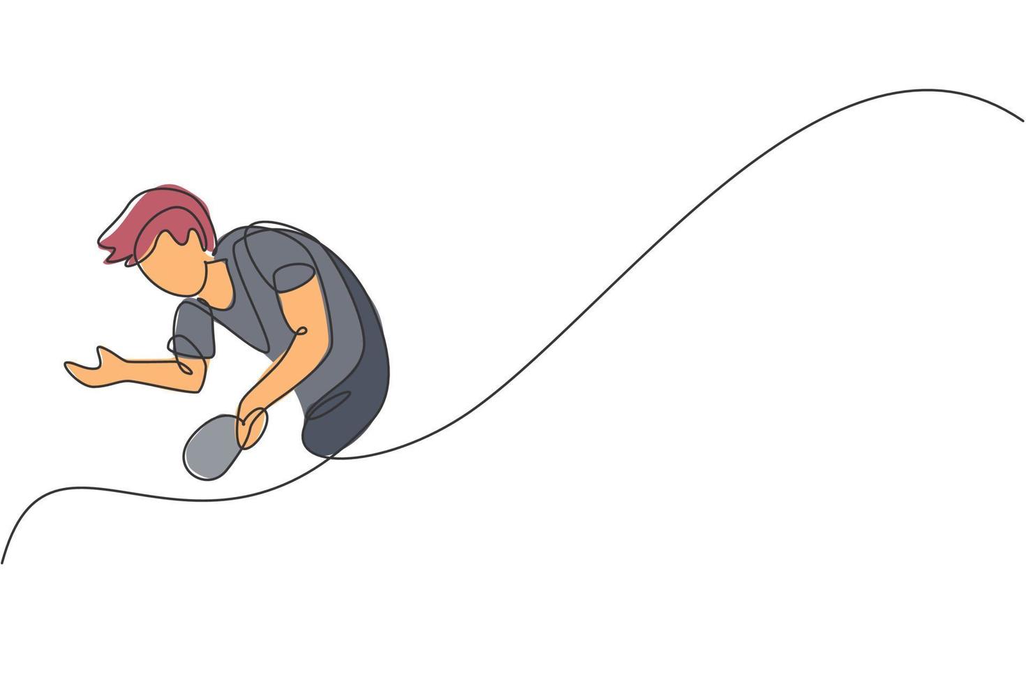 Single continuous line drawing of young agile man table tennis player serve the ball. Sport exercise concept. Trendy one line draw design vector illustration for ping pong tournament promotion media
