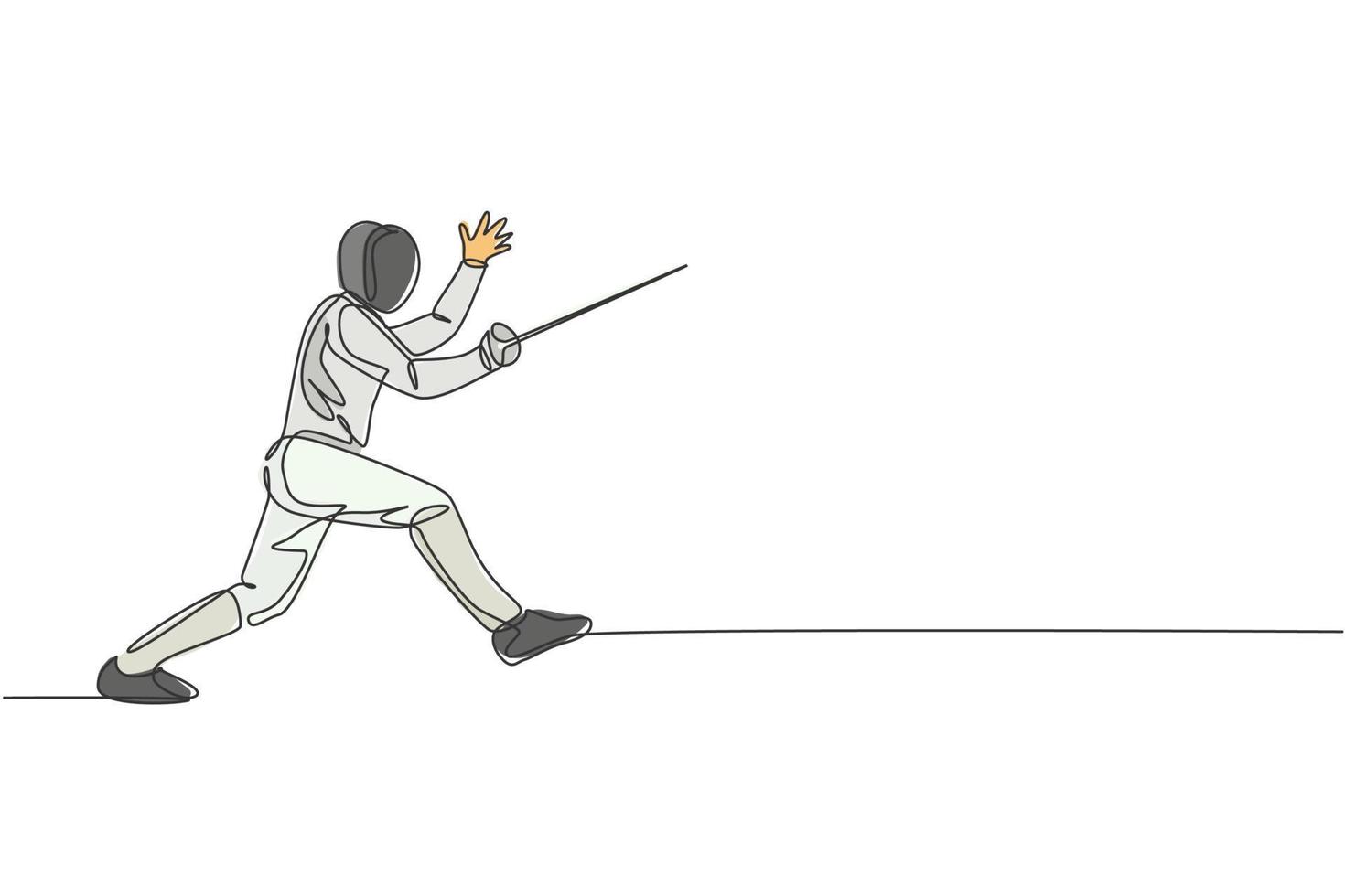 un dibujo de línea continua de un joven atleta de esgrima que practica peleas en un campo deportivo profesional. traje de esgrima y concepto de espada de sujeción. Ilustración de vector de diseño de dibujo de línea única dinámica