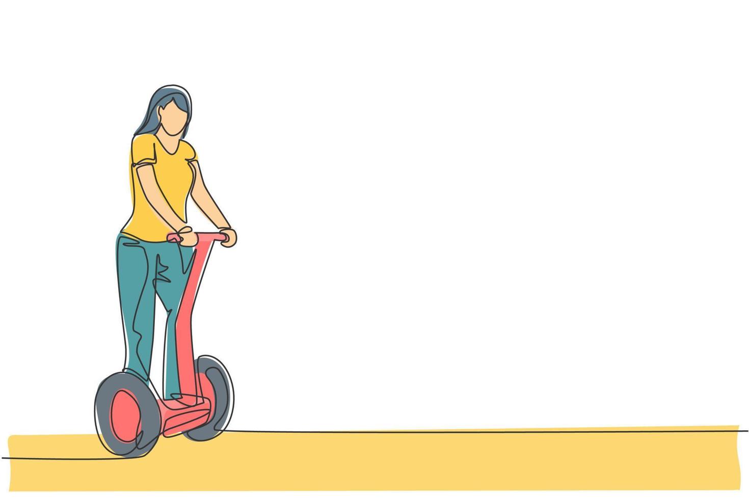 One continuous line drawing of young happy woman ride electric kick scooter at outdoor park. Green transportation. Future urban lifestyle concept. Dynamic single line draw design vector illustration