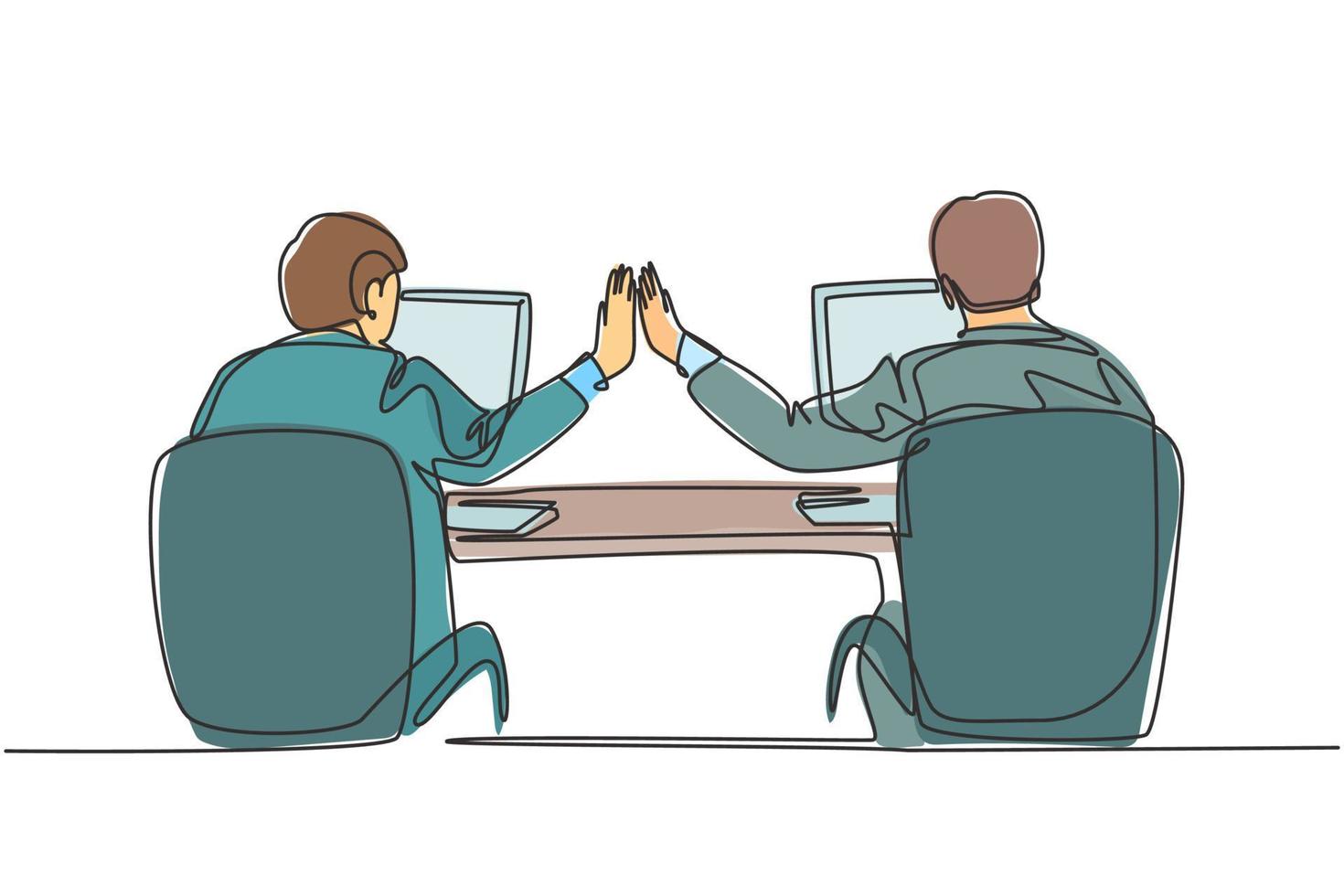 One continuous line drawing of two young happy business men high five when they knew the project running smoothly. Trendy business teamwork concept single line draw design graphic vector illustration