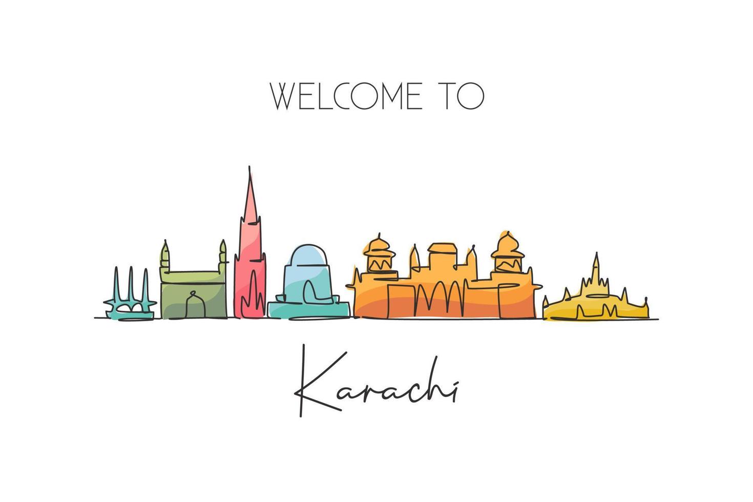 One single line drawing of Karachi city skyline, Pakistan. Historical town landscape in world. Best holiday destination postcard. Editable stroke trendy continuous line draw design vector illustration