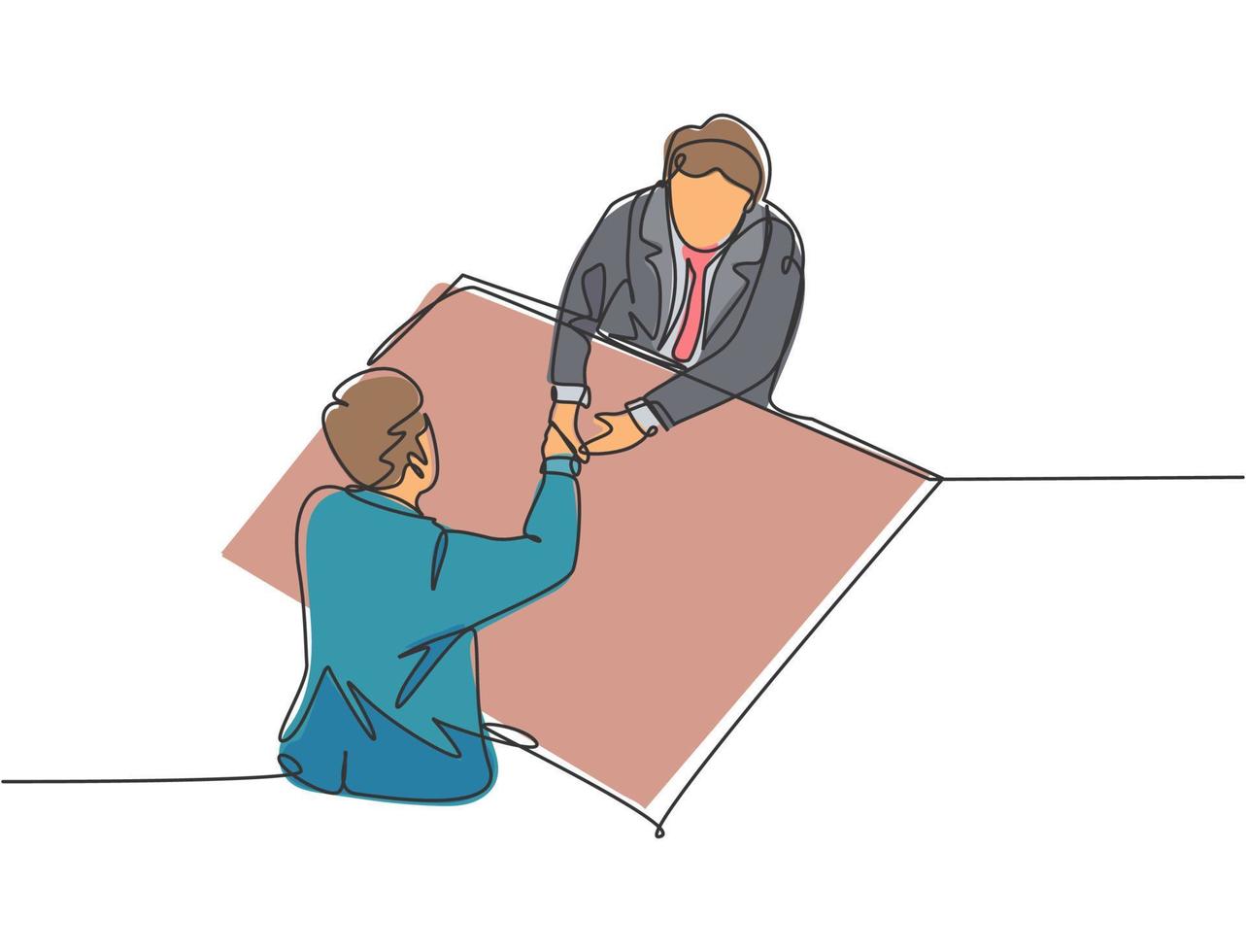 Single line drawing of businessmen handshaking his business partner after getting big project. Great teamwork. Business deal concept with trendy continuous line draw style vector graphic illustration