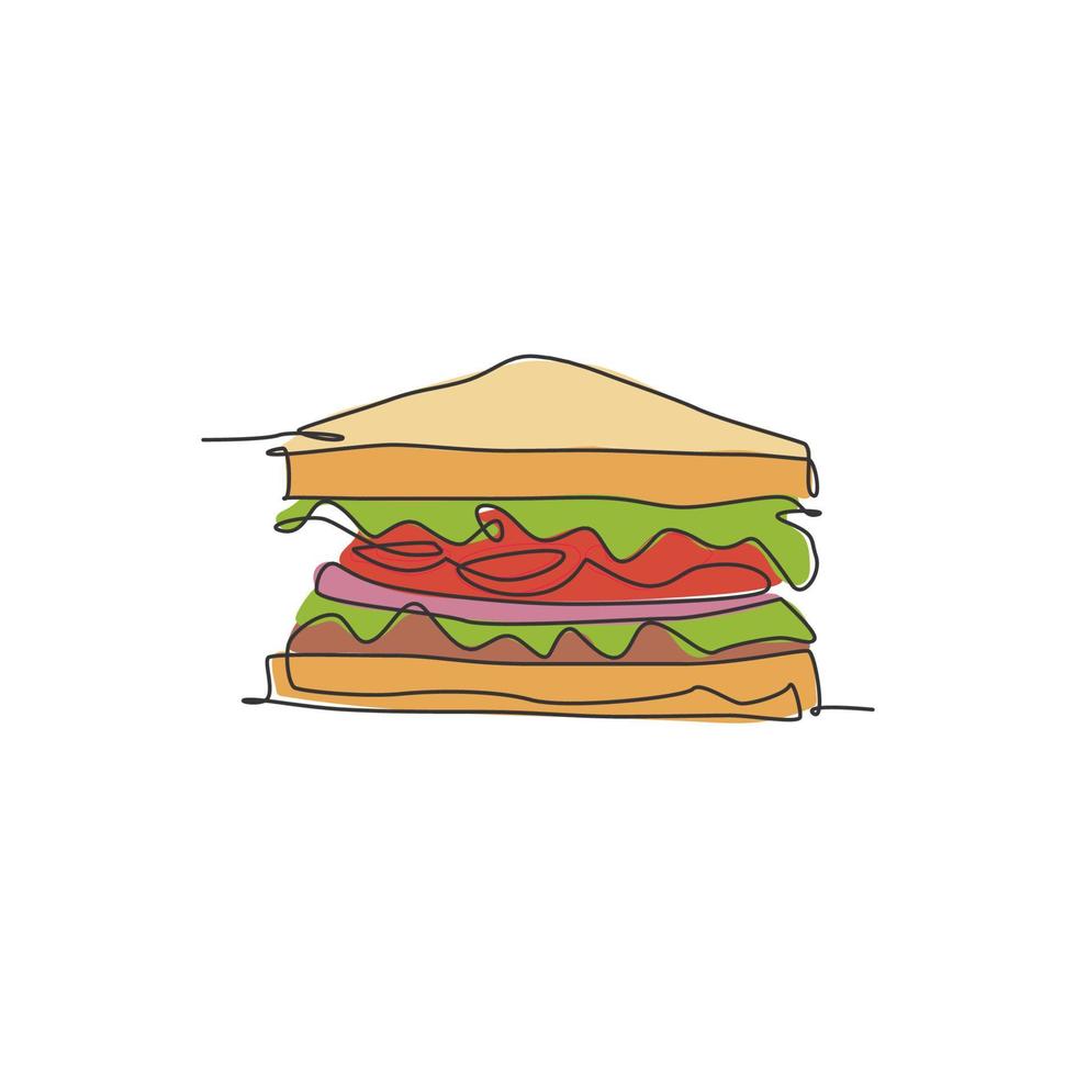 Single continuous line drawing of stylized sandwich logo label. Emblem fast food hot dog restaurant concept. Modern one line draw design vector illustration for cafe, shop or food delivery service