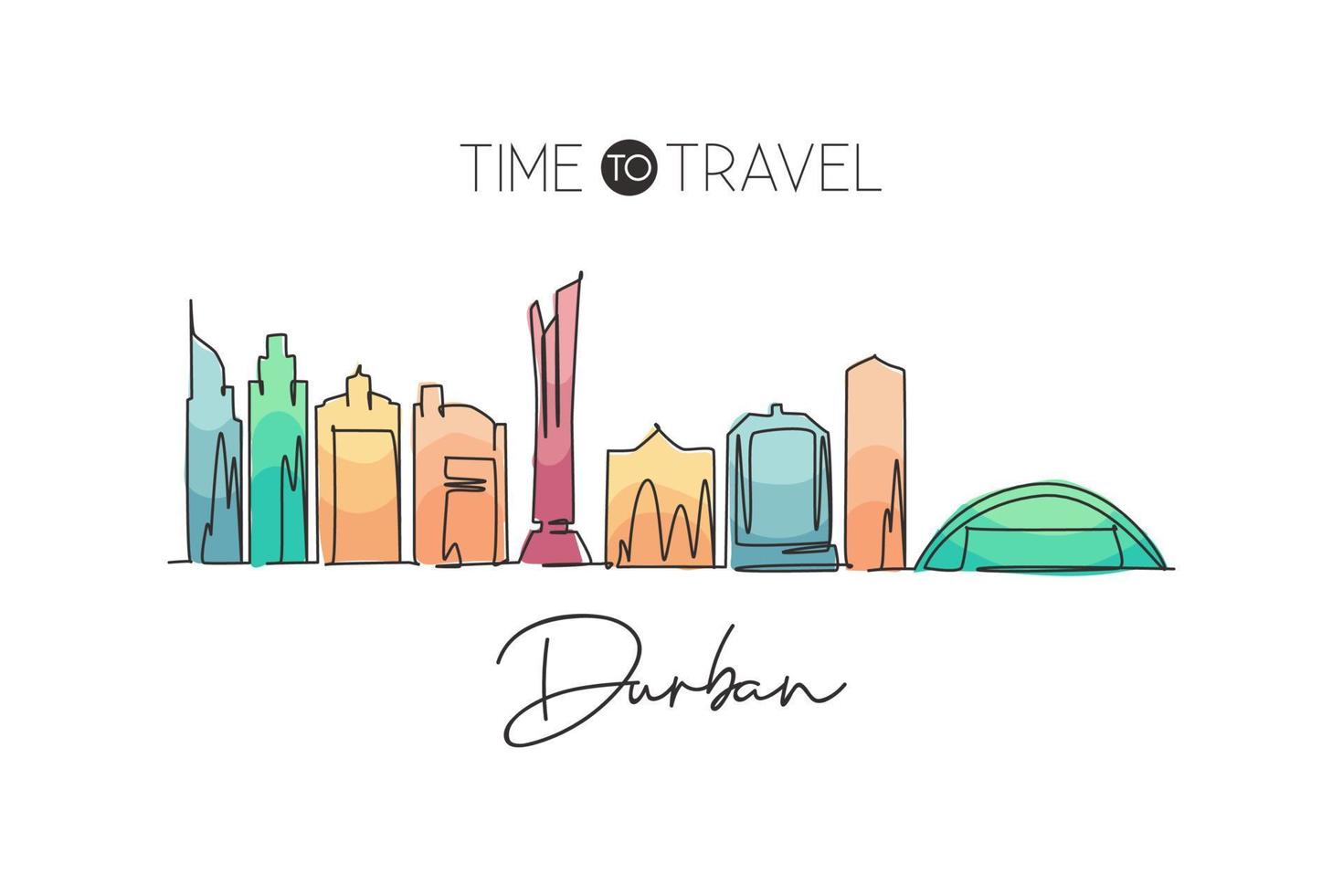 One continuous line drawing of Durban city skyline, South Africa. Beautiful landmark postcard print. World landscape tourism travel vacation. Stylish stroke single line draw design vector illustration