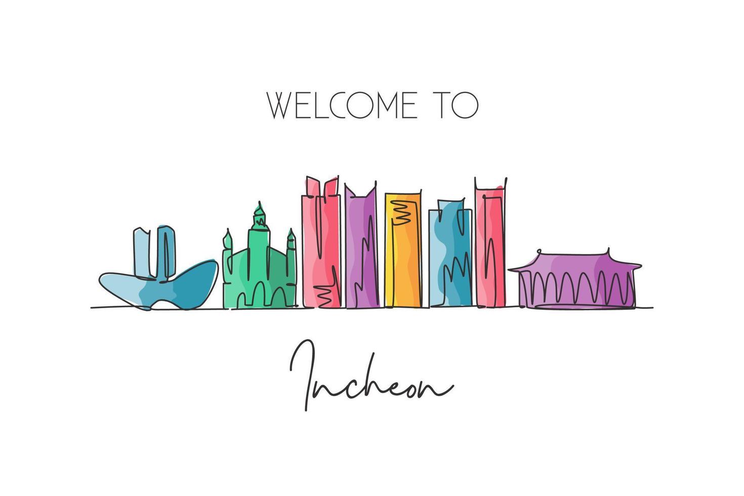 Single continuous line drawing Incheon skyline, South Korea. Famous city scraper landscape postcard. World travel destination concept. Editable stroke modern one line draw design vector illustration