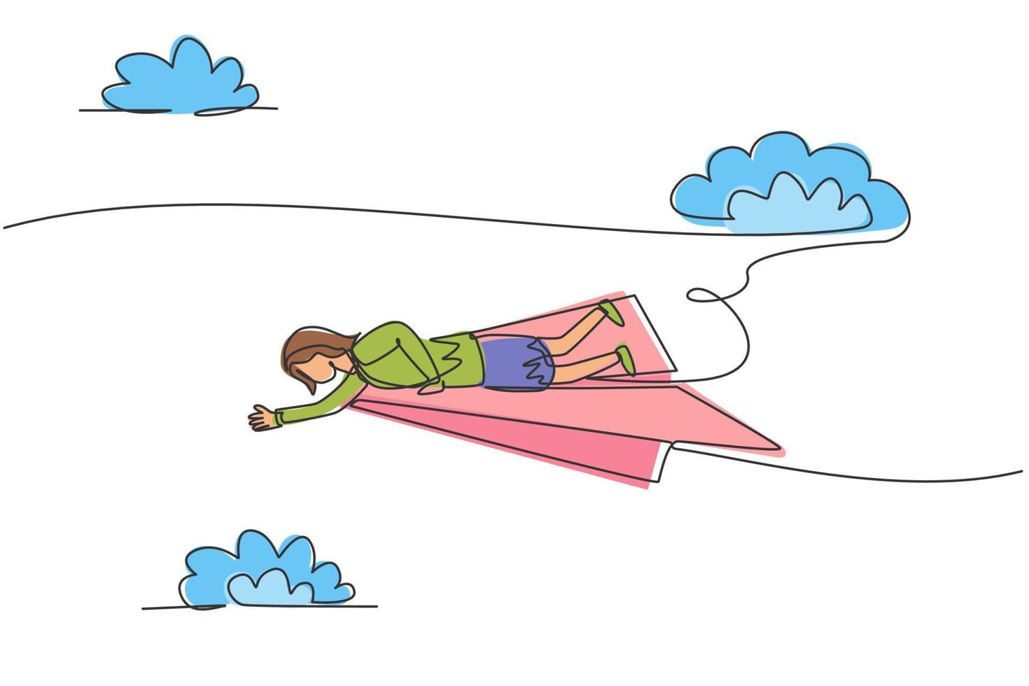 Single continuous line drawing young professional business woman lay down on flying paper plane to reach business target. Minimalism metaphor concept. One line draw graphic design vector illustration