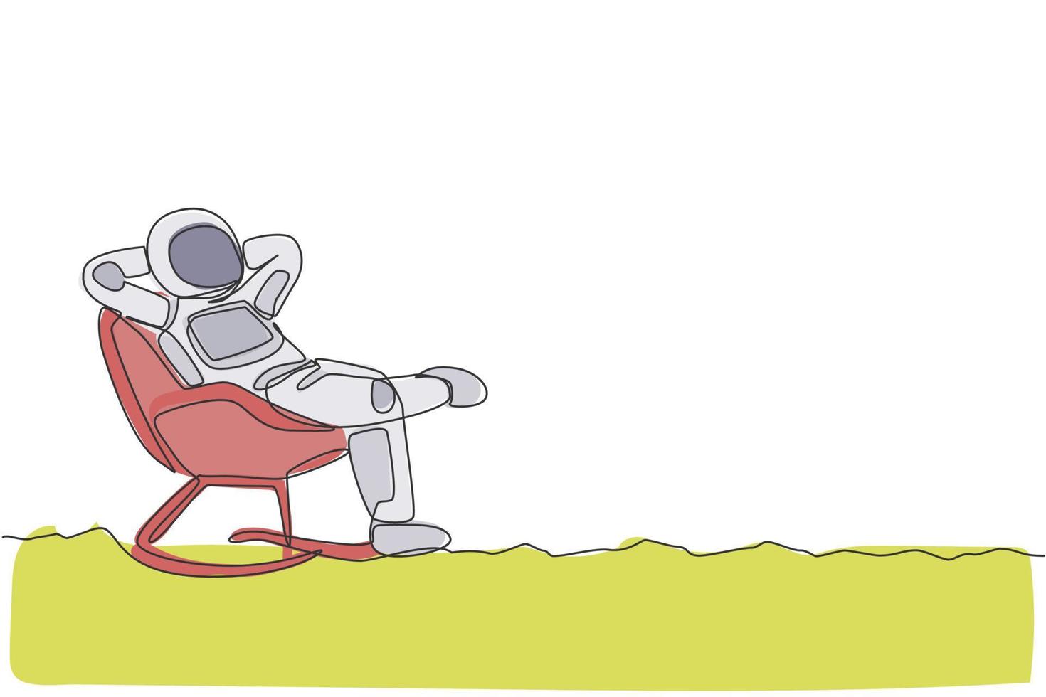 One continuous line drawing of young happy astronaut sleeping relax on reclining chair in moon surface. Space man deep space concept. Dynamic single line draw design vector graphic illustration