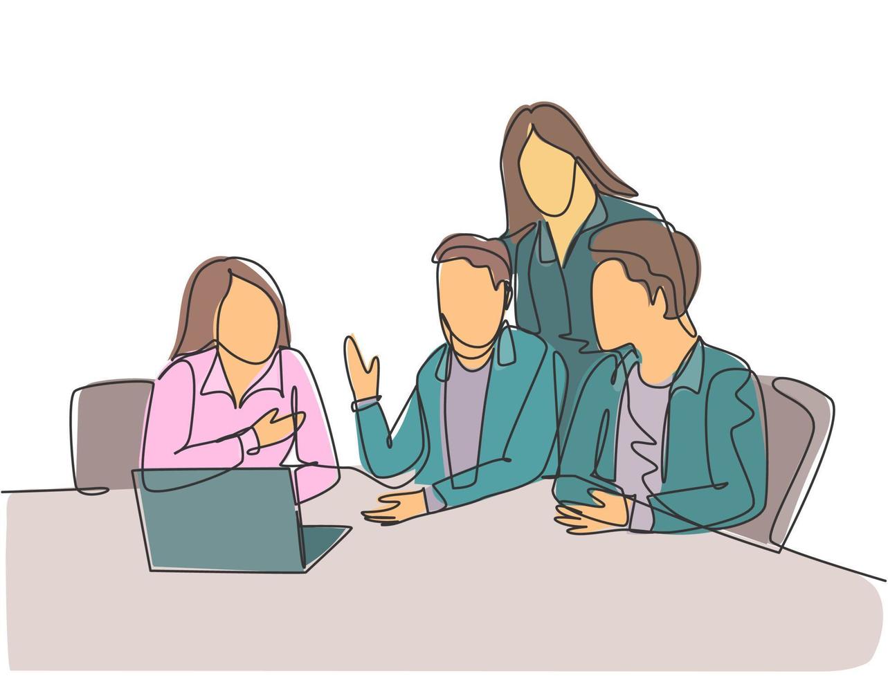 One single line drawing of young business men watching laptop screen during meeting with colleagues at office room. Brainstorming ideas concept. Continuous line draw design graphic vector illustration