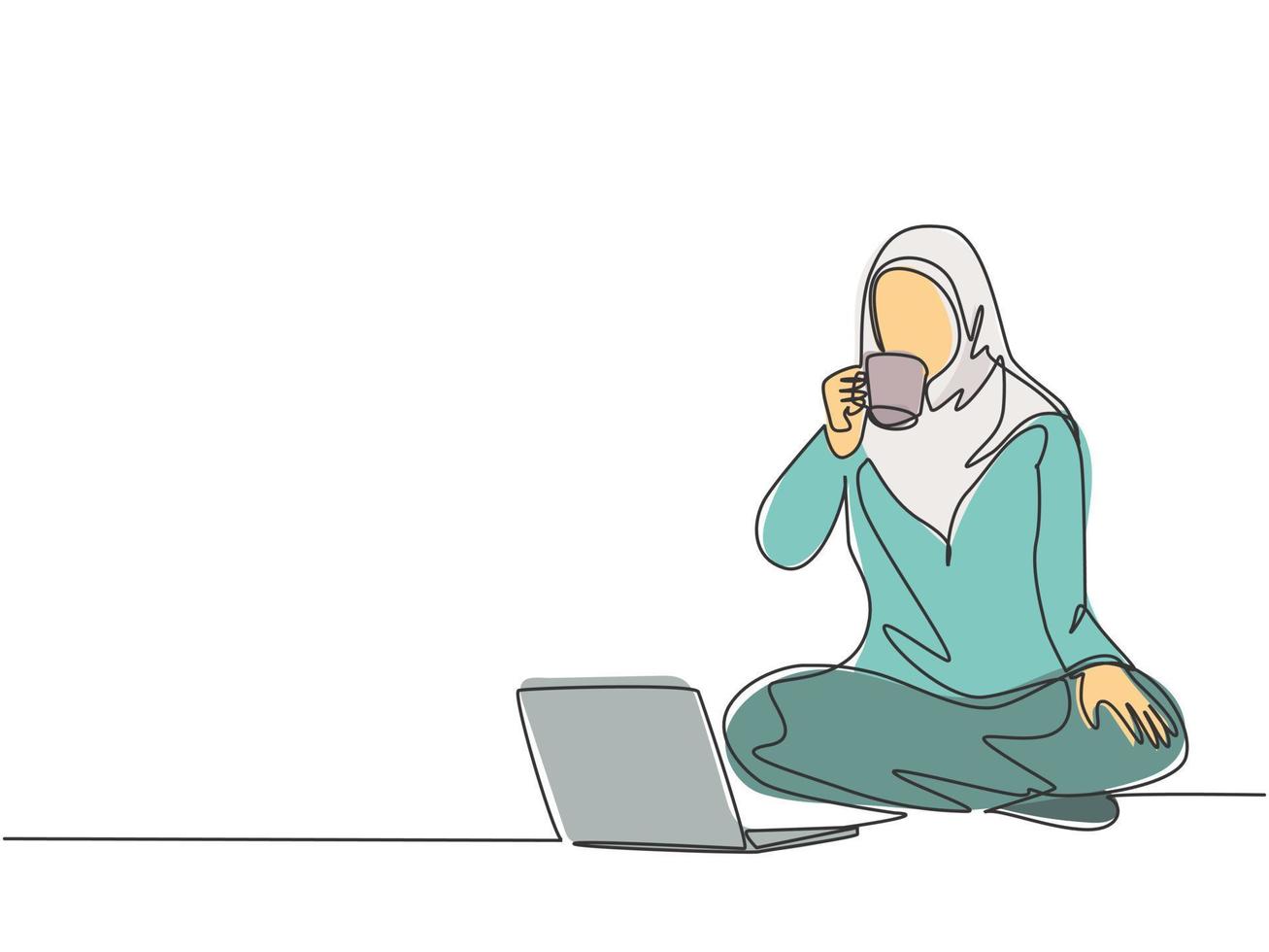 One single line drawing of young female muslimah college student take a rest by drinking a cup coffee while studying before exam. Drinking coffe or tea concept continuous line draw design illustration vector