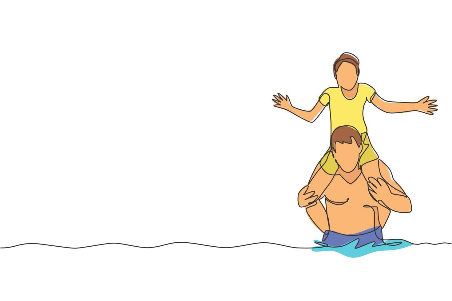 Single continuous line drawing of daddy lift up his kid on shoulder and play together in gym swimming pool center. Summer holidays and vacation concept. Trendy one line draw design vector illustration