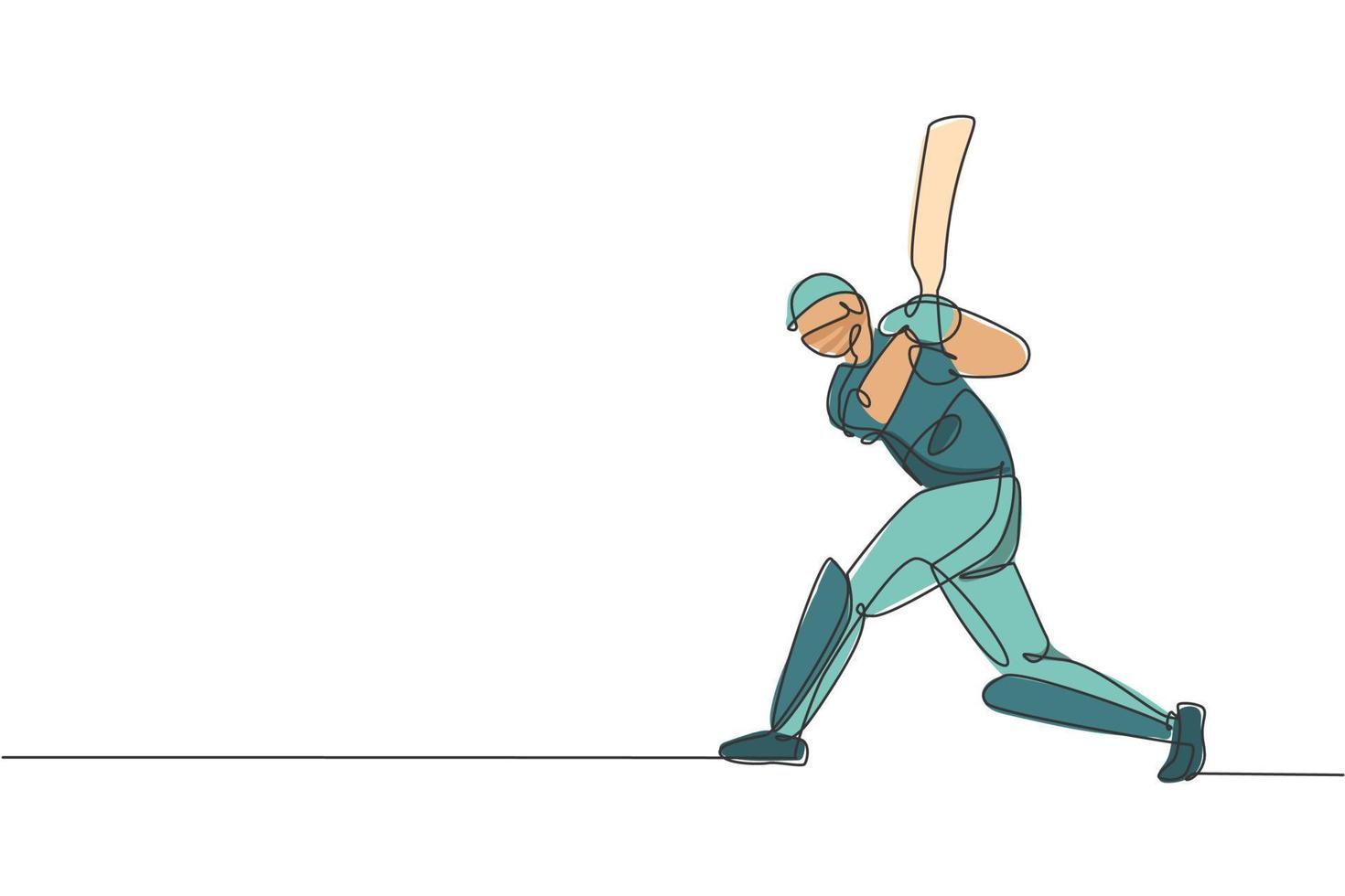 un dibujo de una sola línea de un joven jugador de críquet enérgico de pie y golpeando la ilustración vectorial de la pelota. concepto de feria deportiva. diseño moderno de dibujo de línea continua para banner de competencia de cricket vector