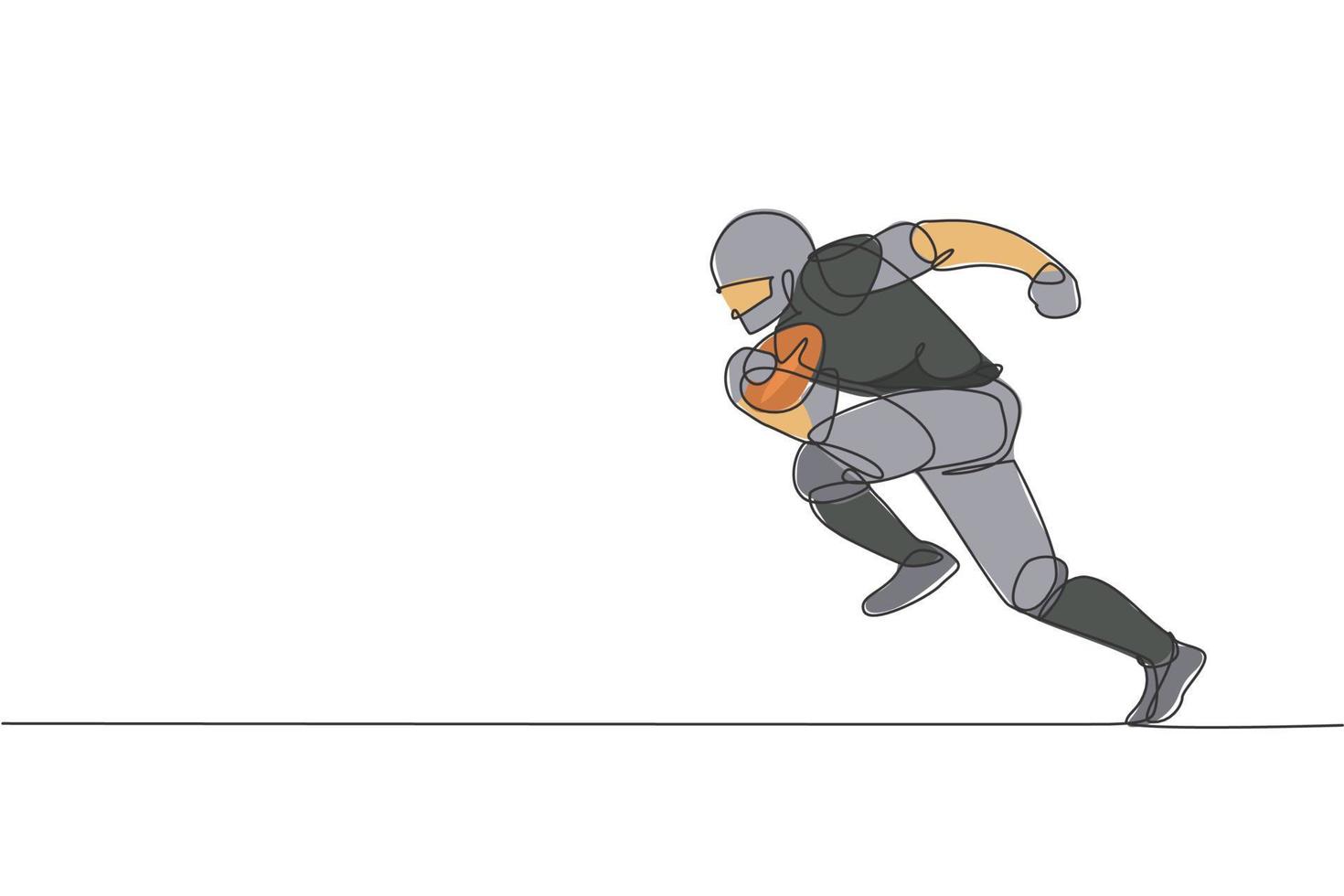 dibujo de una sola línea continua de un hombre ágil jugador de fútbol americano corriendo para alcanzar la línea de puntuación para los medios de competencia. concepto de ejercicio deportivo. ilustración de vector de diseño de dibujo de una línea de moda