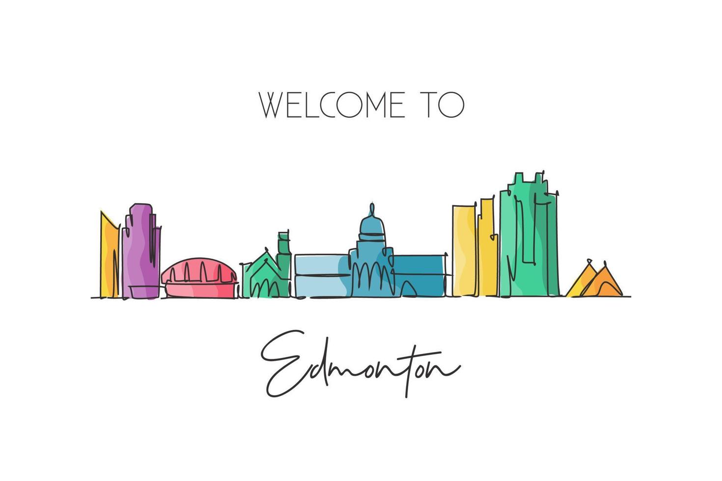 un dibujo de una sola línea del horizonte de la ciudad de edmonton, canadá. paisaje histórico mundial de la ciudad. Póster de decoración de pared de casa de destino de vacaciones de mejor lugar. ilustración de vector de diseño de dibujo de línea continua de moda