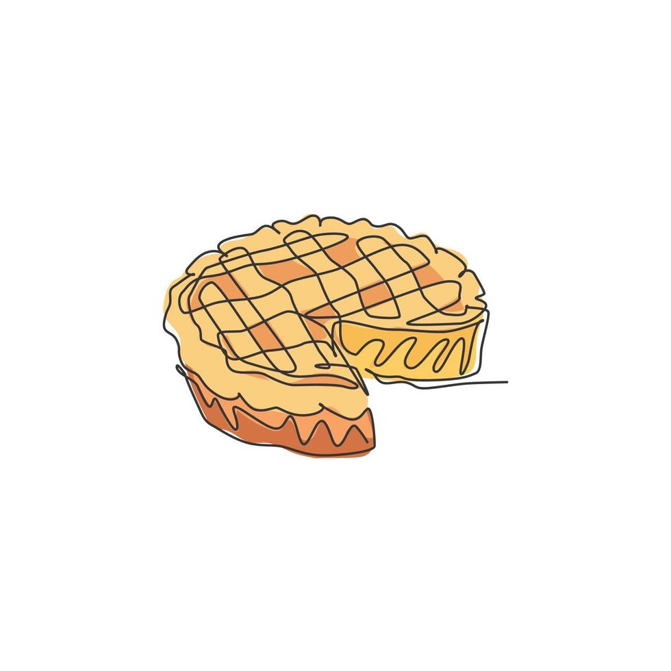 un dibujo continuo de una deliciosa tarta de manzana americana fresca para el emblema del logo de la pastelería. pastel tradicional para el concepto de plantilla de celebración. ilustración de vector de diseño de dibujo de línea única moderna