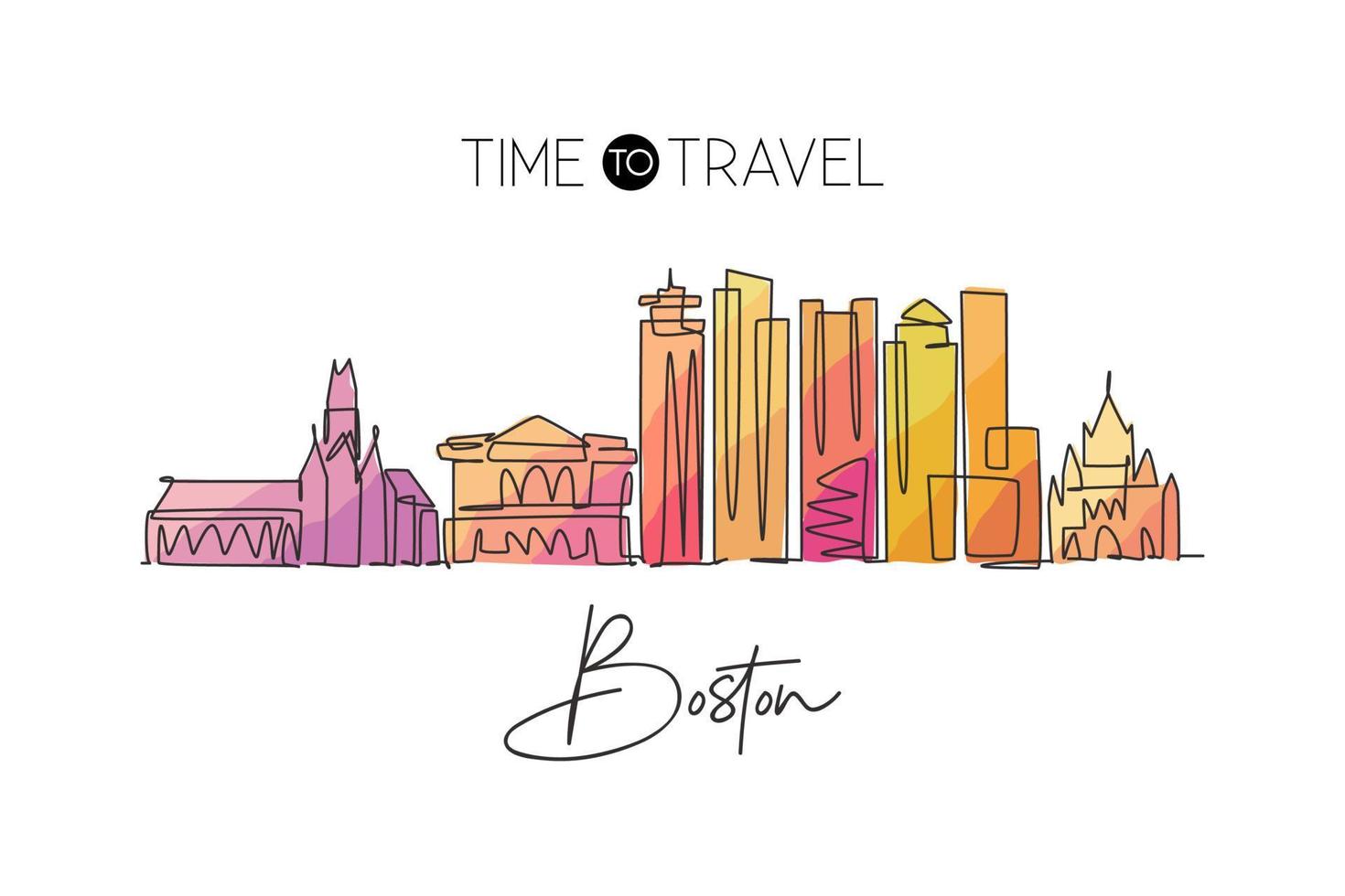 One continuous line drawing of Boston city skyline, USA. Beautiful landmark. World landscape tourism travel vacation poster print. Editable stylish stroke single line draw design vector illustration