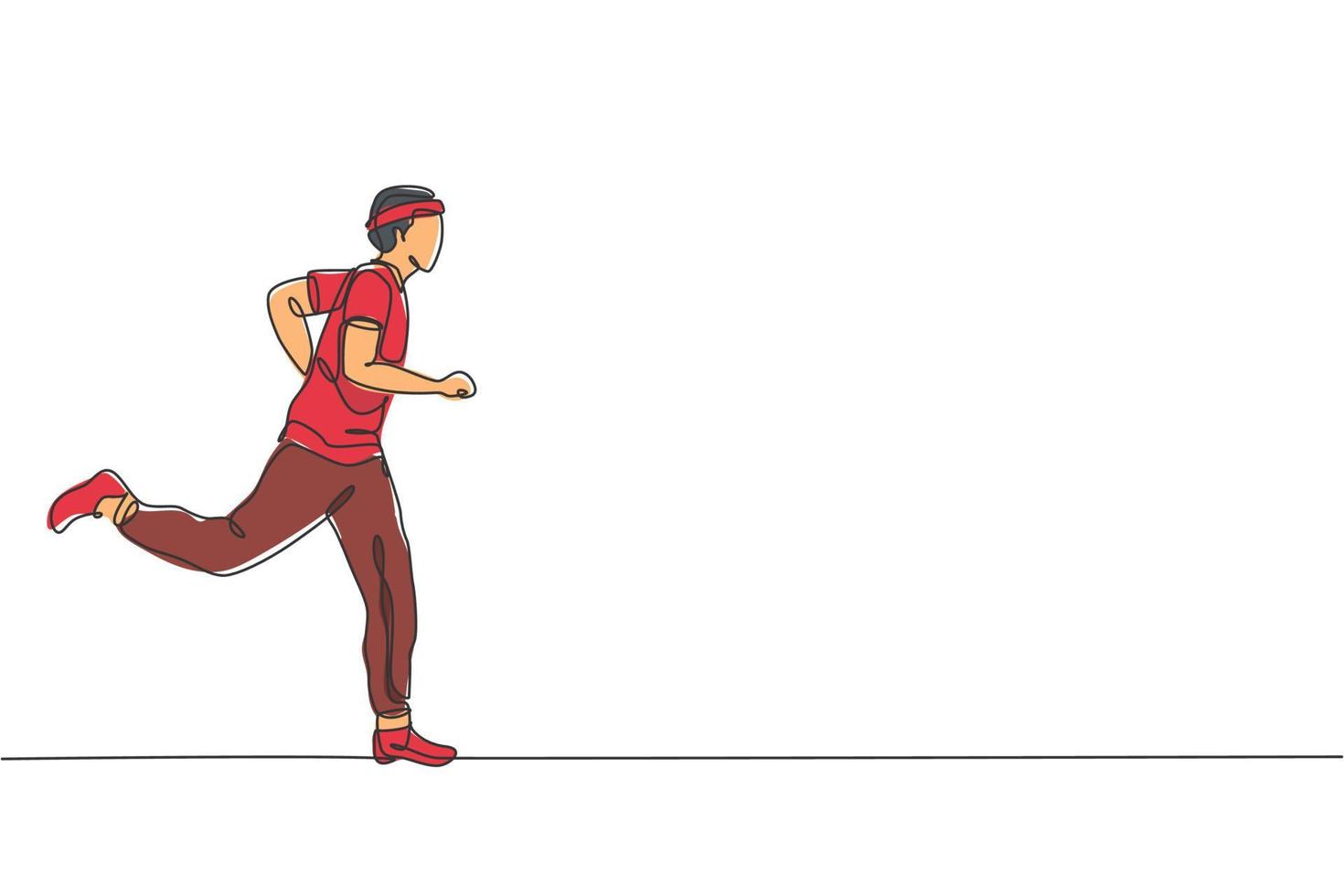 uno continuo línea dibujo de joven deportivo corredor hombre relajarse corriendo a campo. sano estilo de vida y divertido trotar deporte concepto. dinámica soltero línea dibujar diseño vector gráfico ilustración