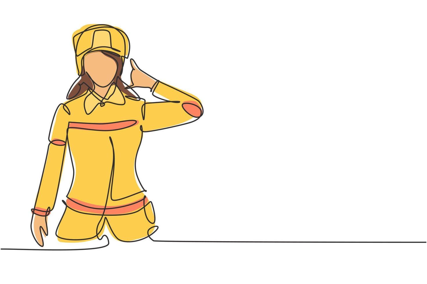 Continuous one line drawing female firefighter with uniform, call me gesture and wearing helmet prepare to put out the fire that burned building. Single line draw design vector graphic illustration