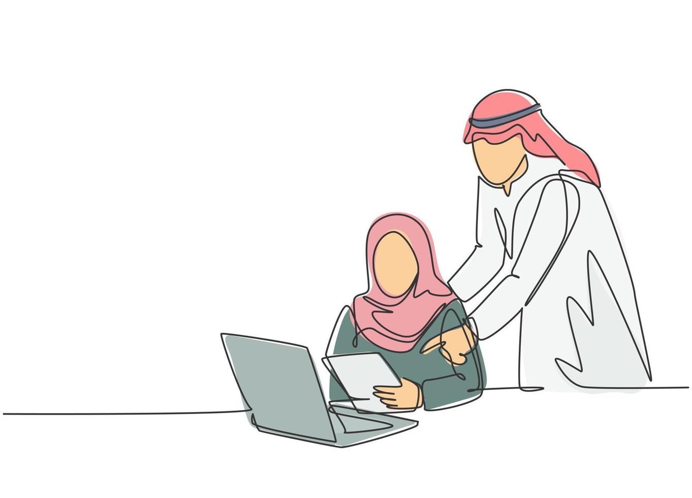 un dibujo de una sola línea del joven gerente de una pareja musulmana feliz enseña a analizar datos de la base de datos. tela de arabia saudita kandora, pañuelo en la cabeza, thobe, hijab. Ilustración de vector de diseño de dibujo de línea continua