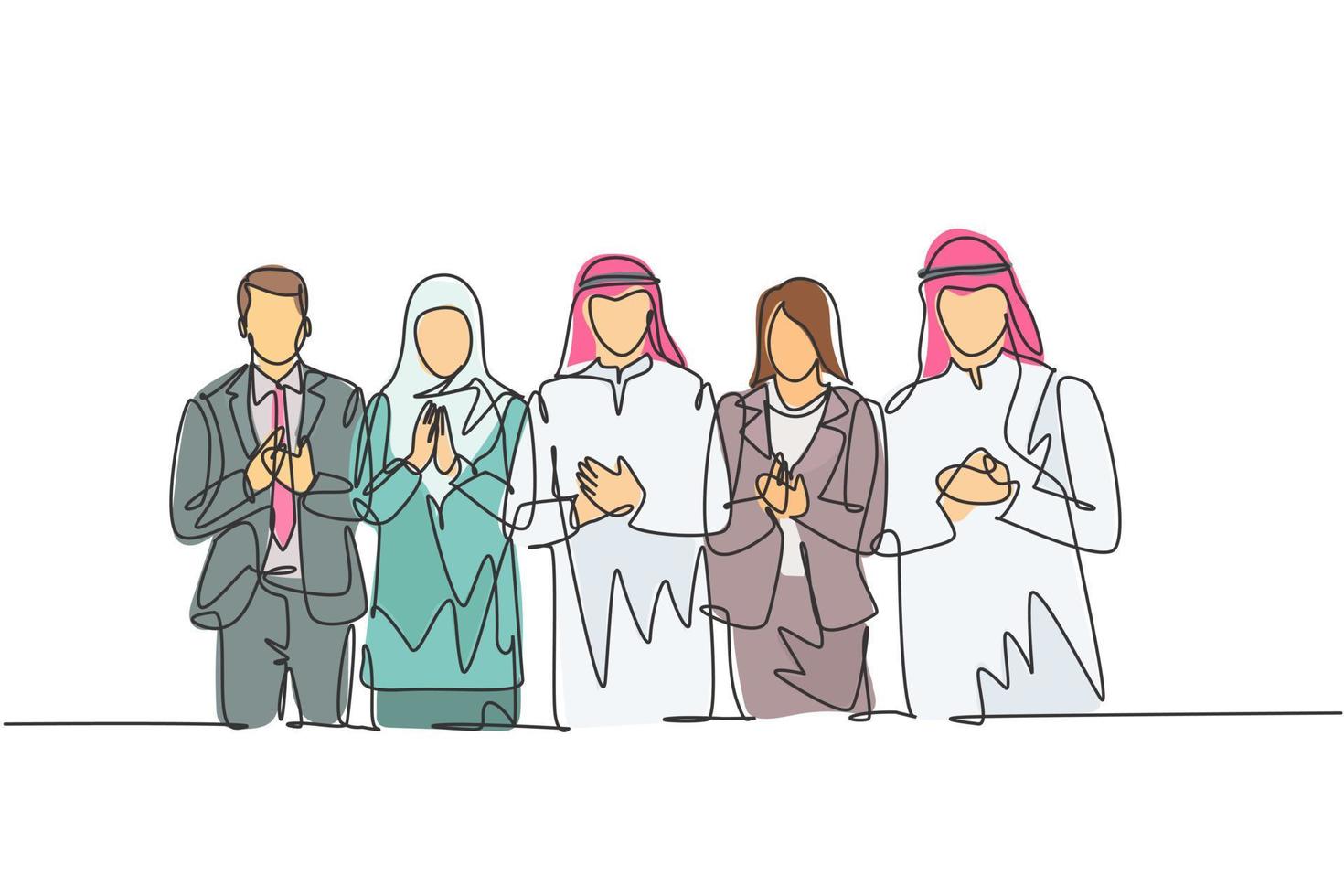 un dibujo de línea continua de jóvenes empresarios y empresarias se alinean juntos mientras aplauden. ropa islámica shemag, hijab, bufanda, keffiyeh. Ilustración de vector de diseño de dibujo de una sola línea