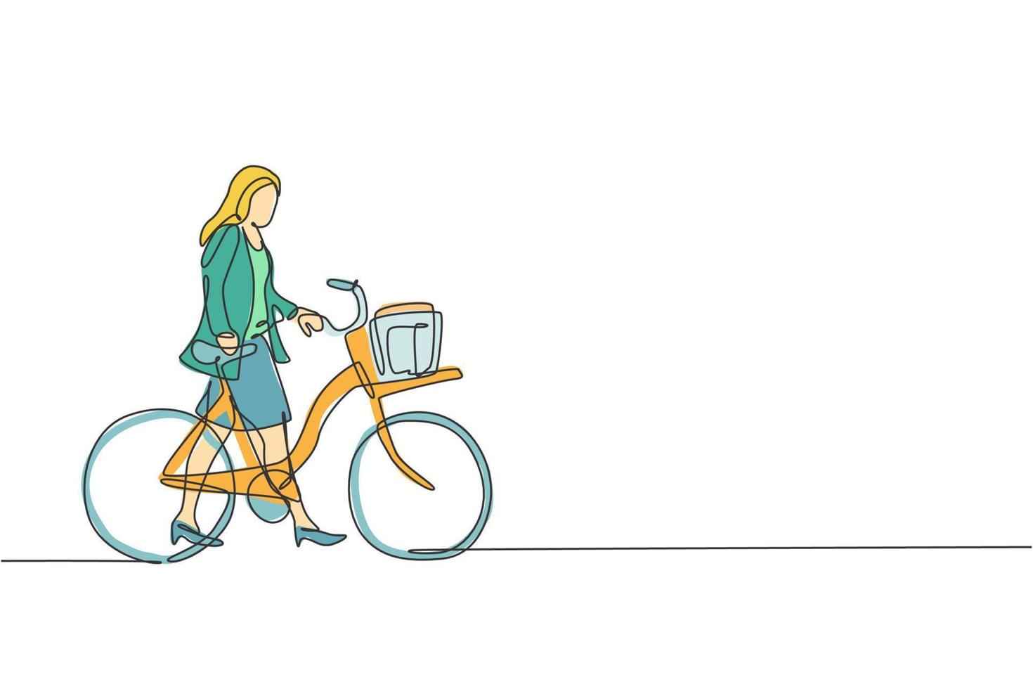 One single line drawing young happy startup employee woman ride bicycle to the coworking space vector graphic illustration. Healthy urban worker lifestyle concept. Modern continuous line draw design