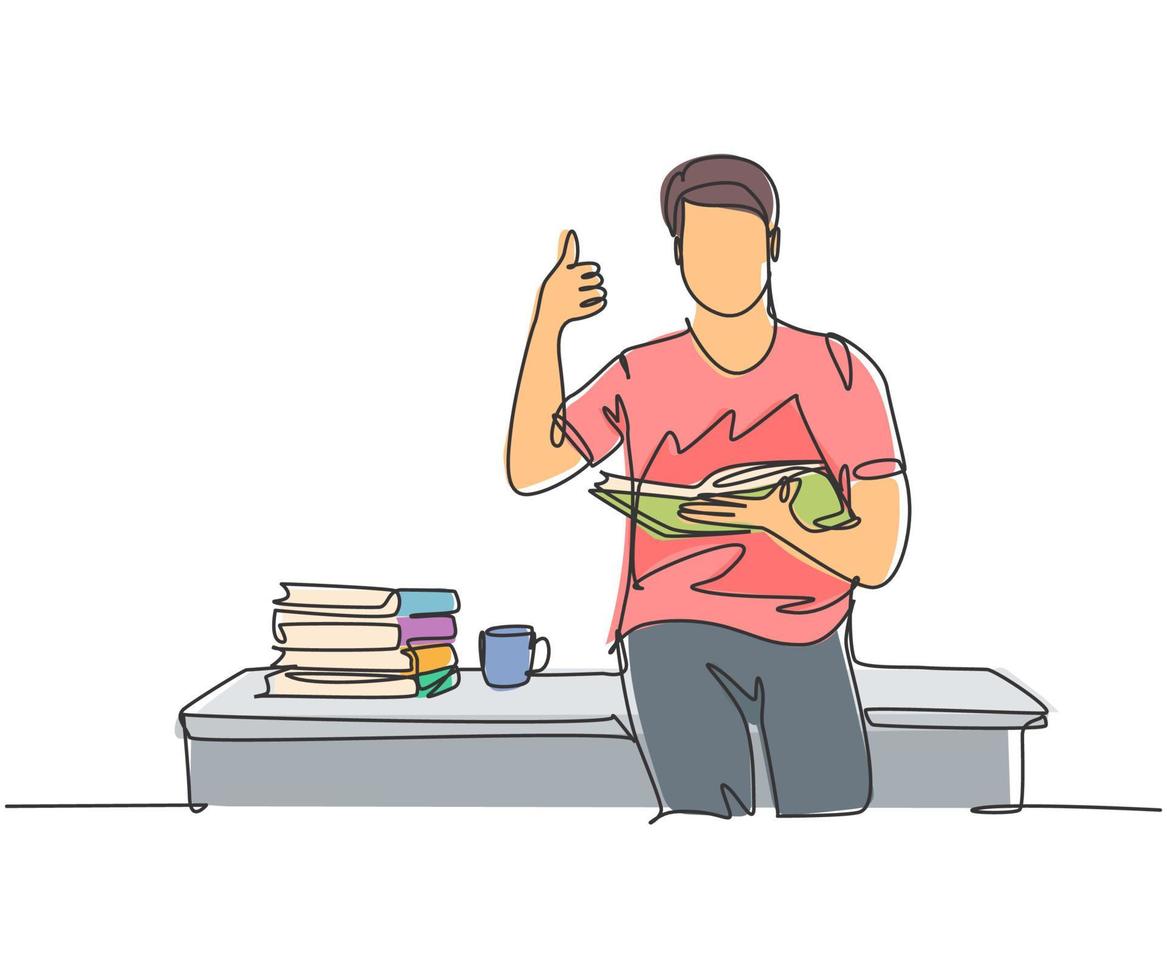 Single line drawing of young happy male college student sitting on the desk beside stack of books on library university. Education concept. Continuous line draw design vector illustration