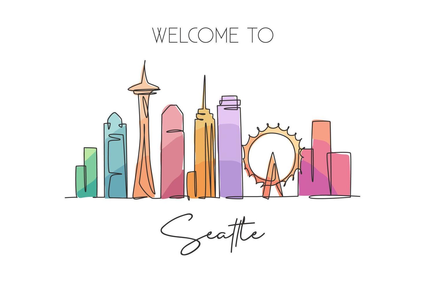 Single continuous line drawing of Seattle city skyline, USA. Famous city scraper and landscape home wall decor poster print art. World travel concept. Modern one line draw design vector illustration