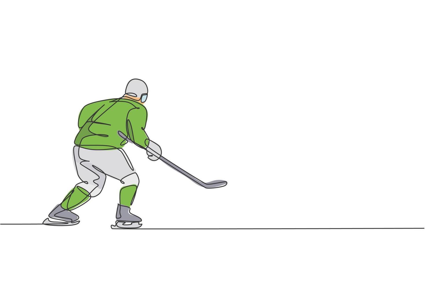 Single continuous line drawing of young professional ice hockey player hold the puck shot and defense on ice rink arena. Extreme winter sport concept. Trendy one line draw design vector illustration