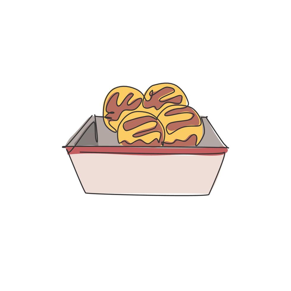 One single line drawing of fresh Japanese takoyaki ball logo vector graphic illustration. Seafood cafe menu and restaurant badge concept. Modern continuous line draw design street food logotype