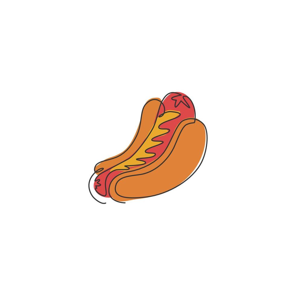 un dibujo de línea continua del delicioso emblema del logotipo del restaurante americano de perritos calientes. concepto de plantilla de logotipo de tienda de café hotdog de comida rápida. ilustración gráfica de diseño vectorial de dibujo de una sola línea moderna vector