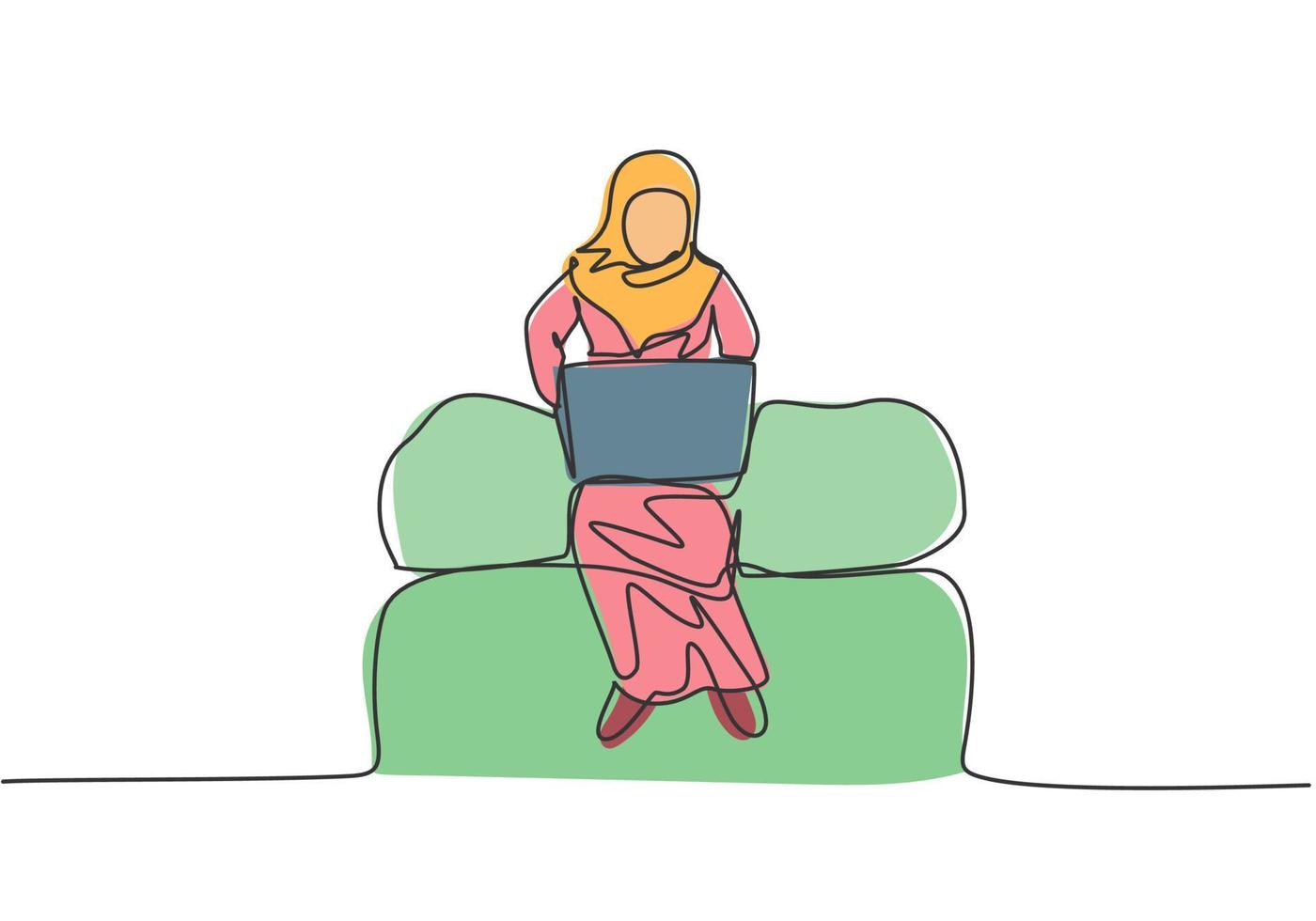 Single one line drawing of young Arabian business woman sitting on sofa and typing business proposal on laptop. Manager preparing work concept. Continuous line draw design graphic vector illustration.