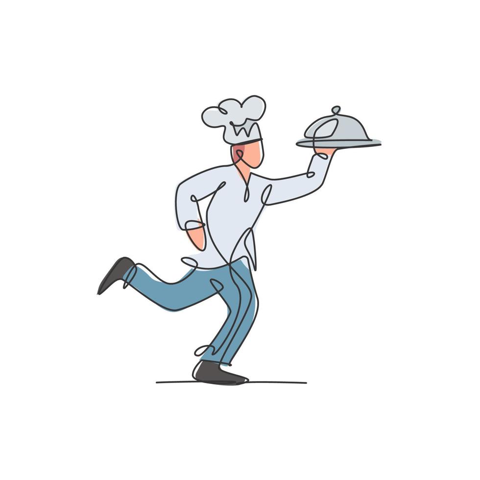 One single line drawing of young man running while carrying tray cover cloche for food delivery service logo vector illustration. Restaurant food delivery concept. Modern continuous line draw design