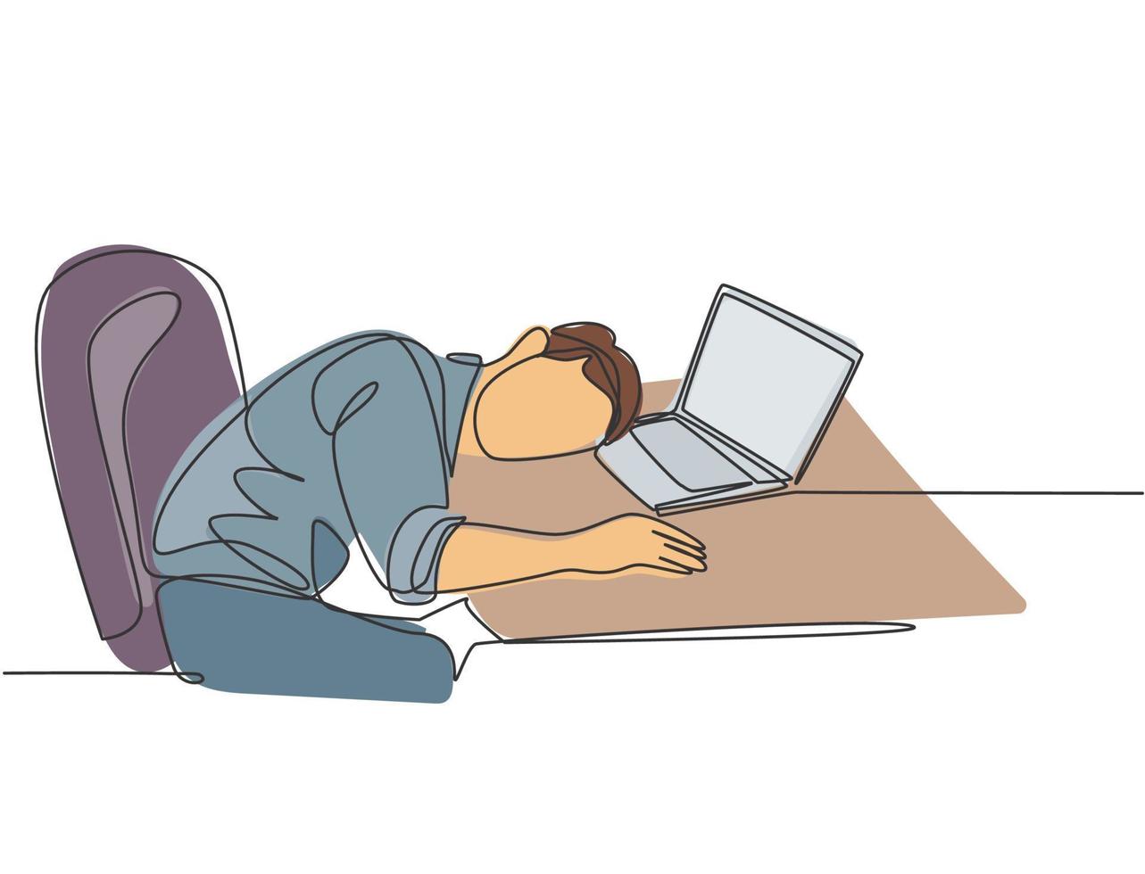 Single continuous line drawing of young sleepy male worker fall asleep on laptop while he was working on his desk. Work fatigue at the office concept one line draw design graphic vector illustration