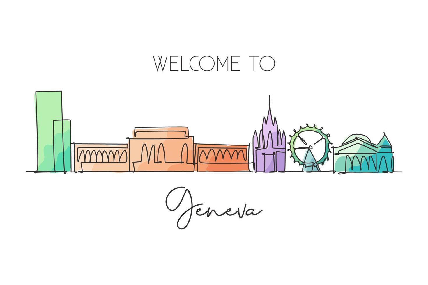 Single continuous line drawing of Geneva city skyline, Switzerland. Famous skyscraper landscape postcard. World travel wall decor poster print concept. Modern one line draw design vector illustration