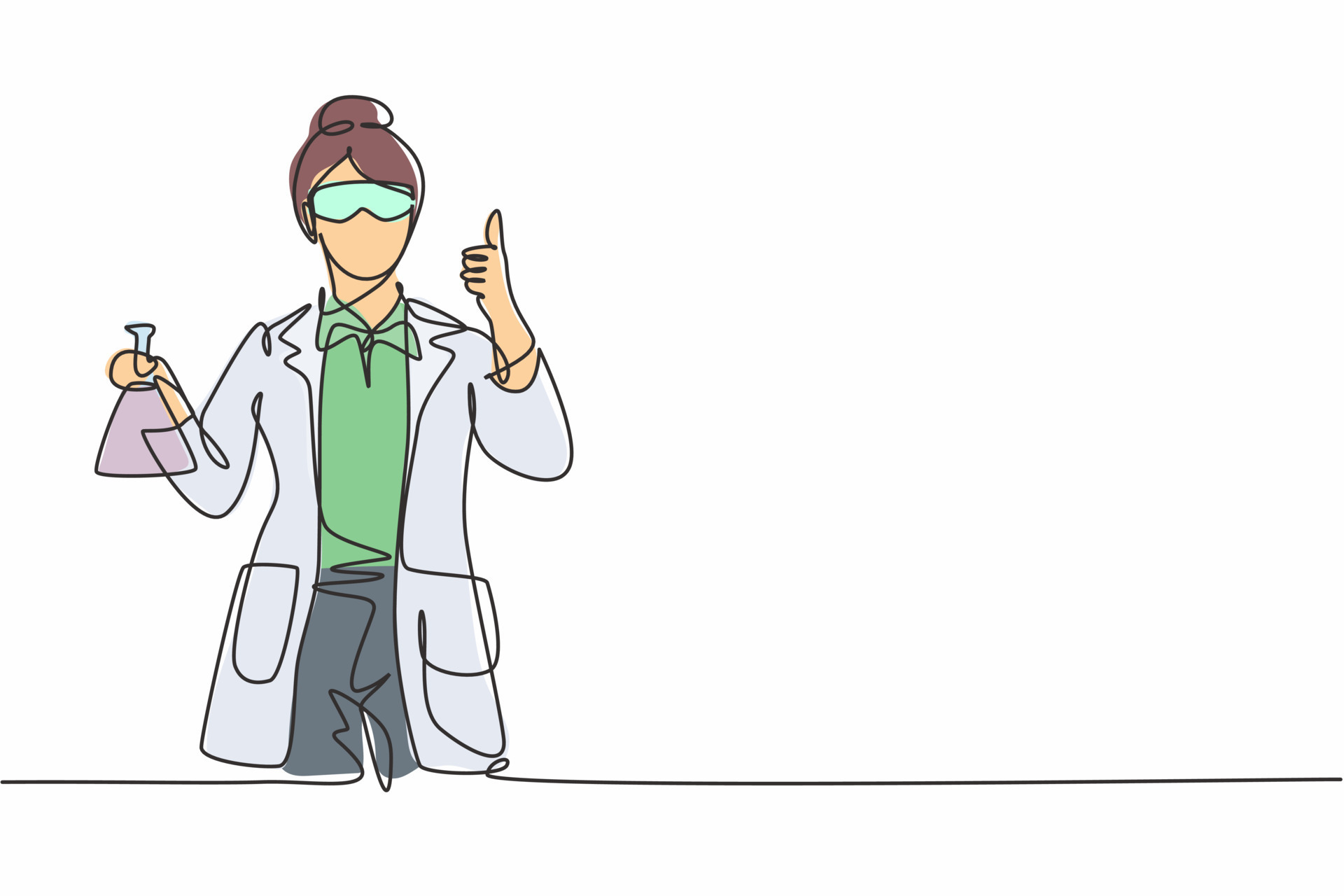 Single one line drawing of female scientist with a thumbsup gesture