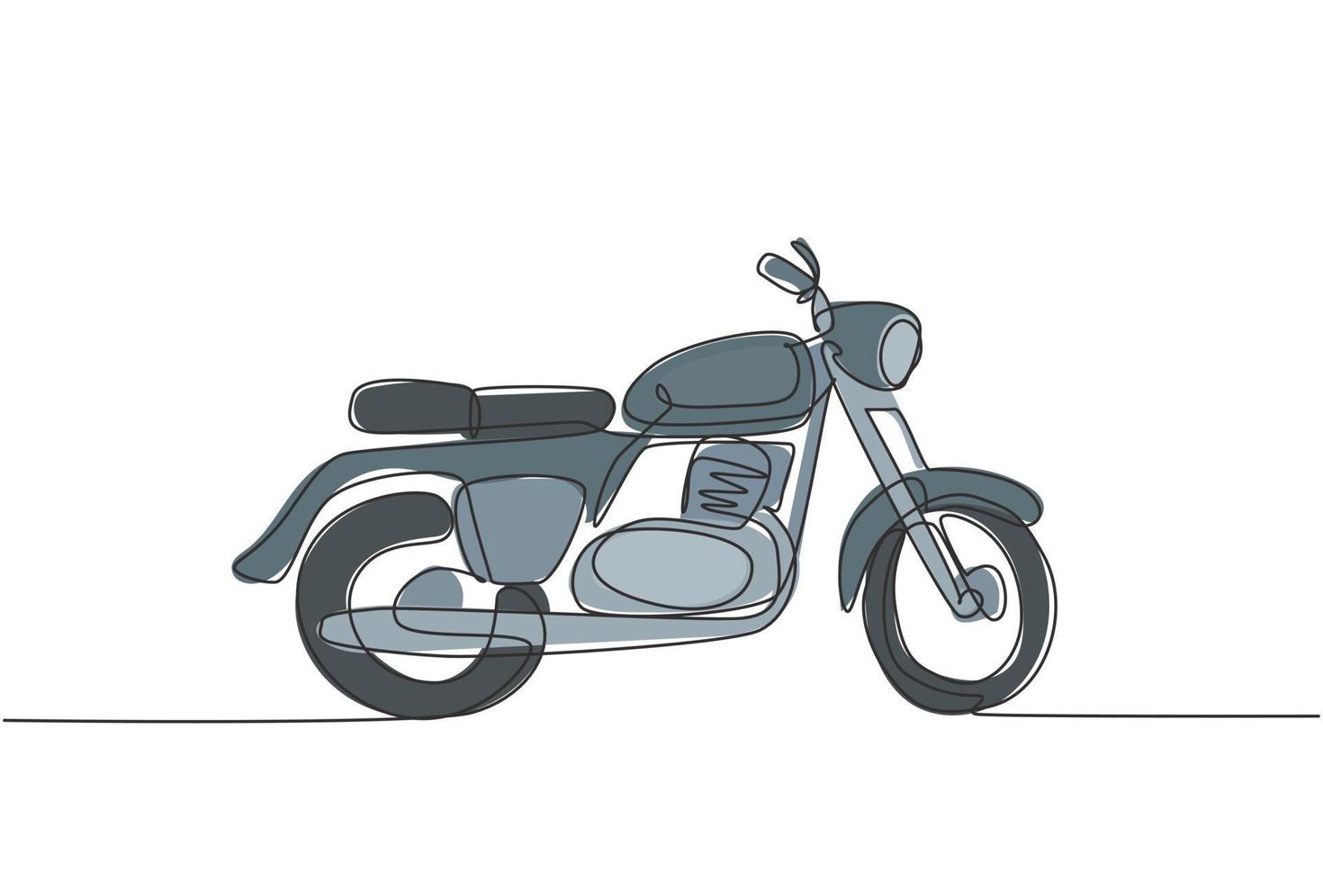 Single continuous line drawing of old classic vintage motorcycle symbol. Retro motorbike transportation concept one line draw design vector graphic illustration