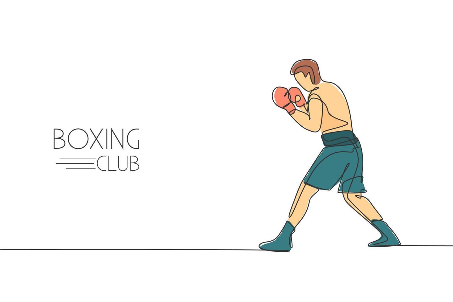 Single continuous line drawing young agile man boxer ready for fighting at match. Fair combative sport concept. Trendy one line draw design graphic vector illustration for boxing game promotion media