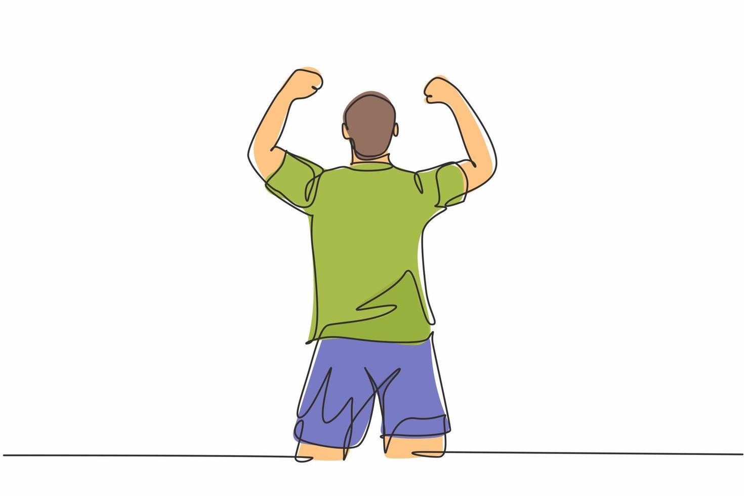 One continuous line drawing of sporty young soccer player raises his fist hands up to the sky emotionally on field. Match goal scoring celebration concept single line draw design vector illustration